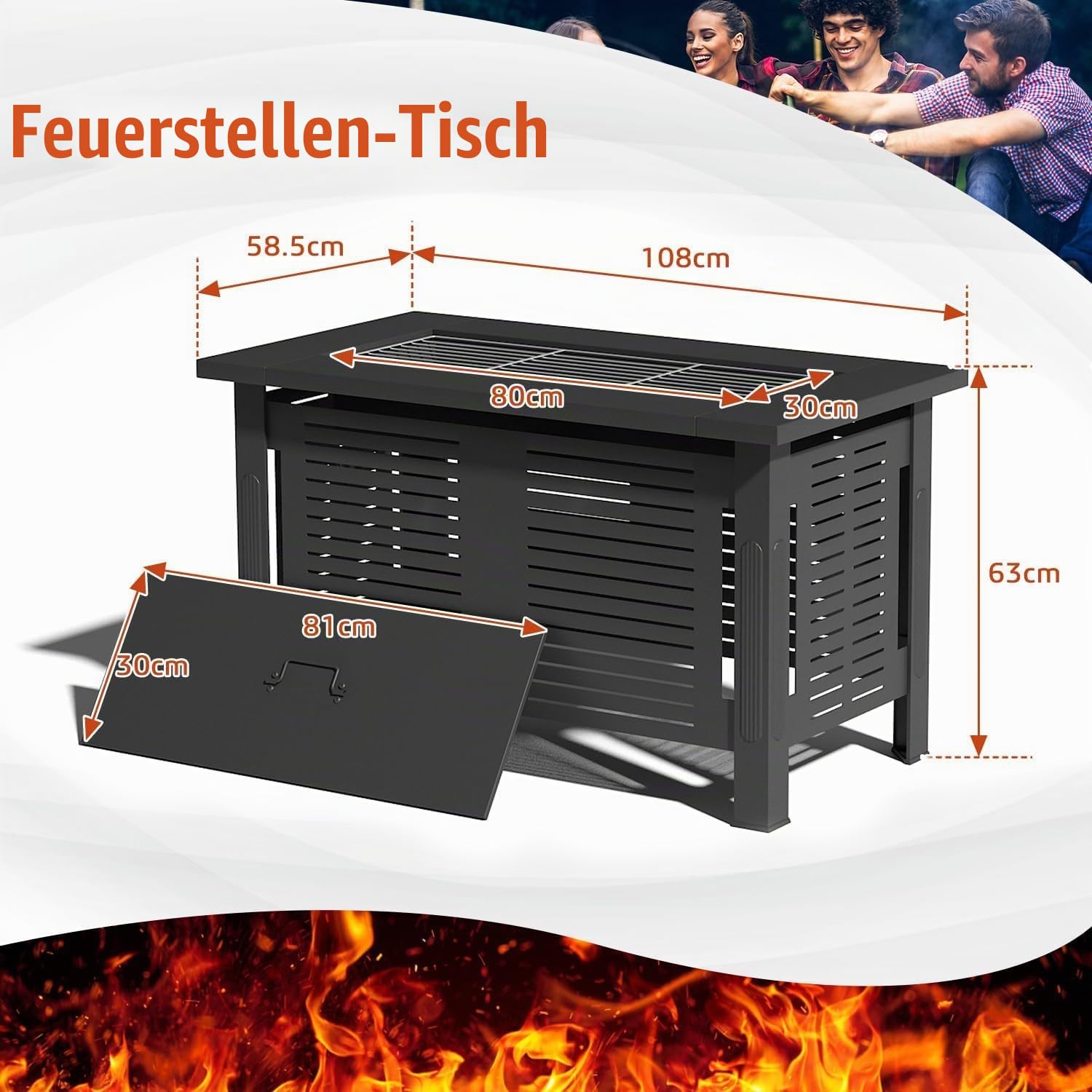YODOLLA Feuertisch mit Grillrost & Grillzange für Heizung/BBQ Grill | 108x58x63cm Metall Feuerschale, 3-in-1 Holzbrennender Gartenfeuerstelle als Tisch für Gartenpartys verwenden, Schwarz