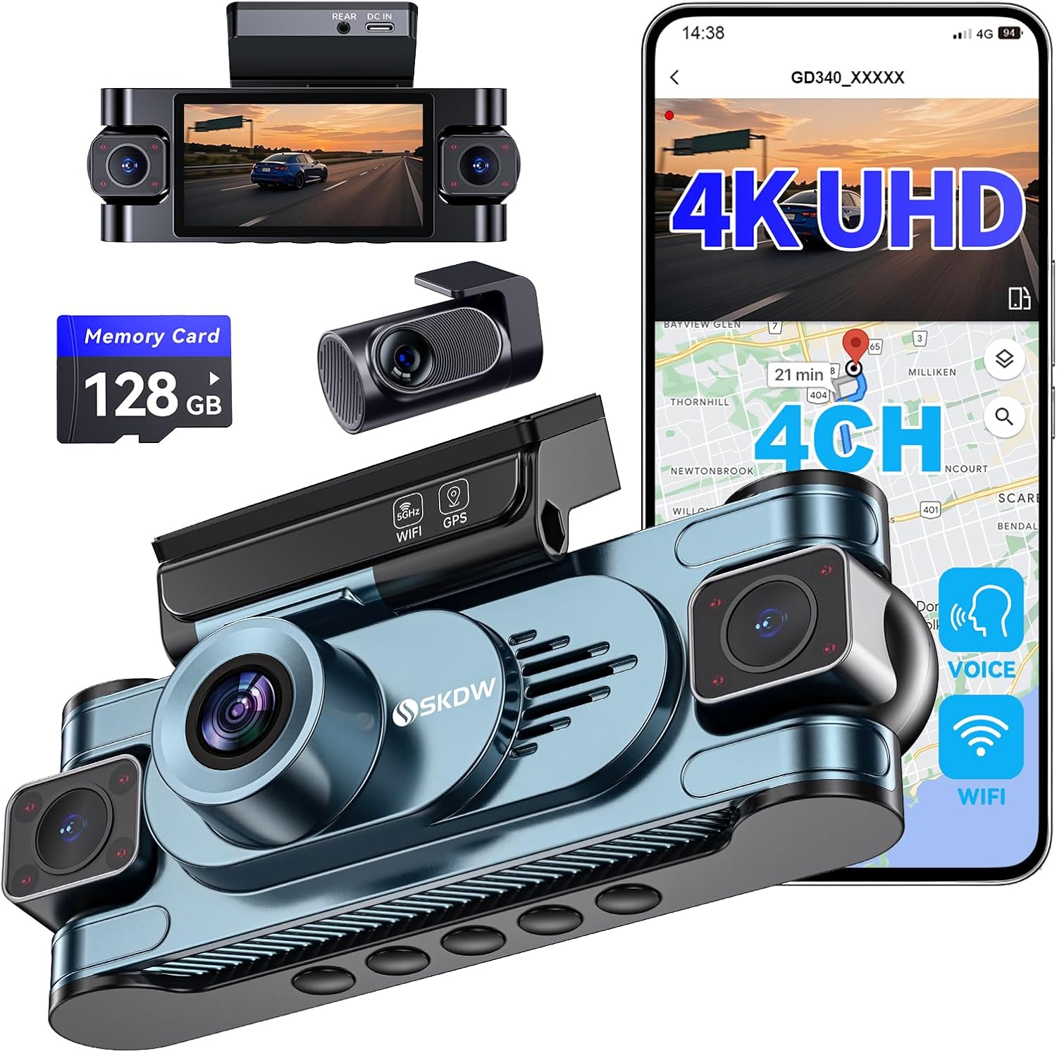 4 Channel Dash Cam 360 View,4K Front Rear Inside Dashcam,Left Right Dash Camera for Cars,Built-in GPS, 5G WiFi,Voice Control,Night Vision, 24/7 Recording Parking Mode Monitor, Free 128G Card
