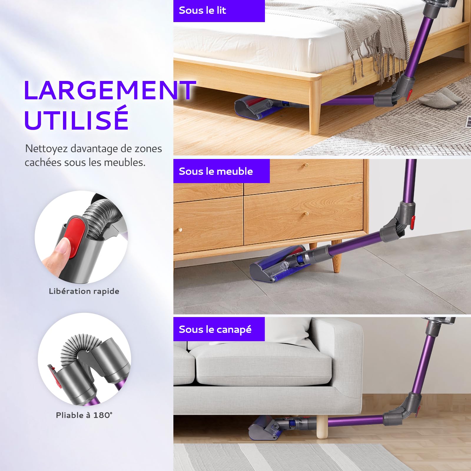 Tubo telescópico compatible con Dyson V7 V8 V10 V11 V15 aspiradora sin cable, tubo de aluminio con cierre rápido mejorado para limpieza debajo de la cama y la mesa de centro (Morado)