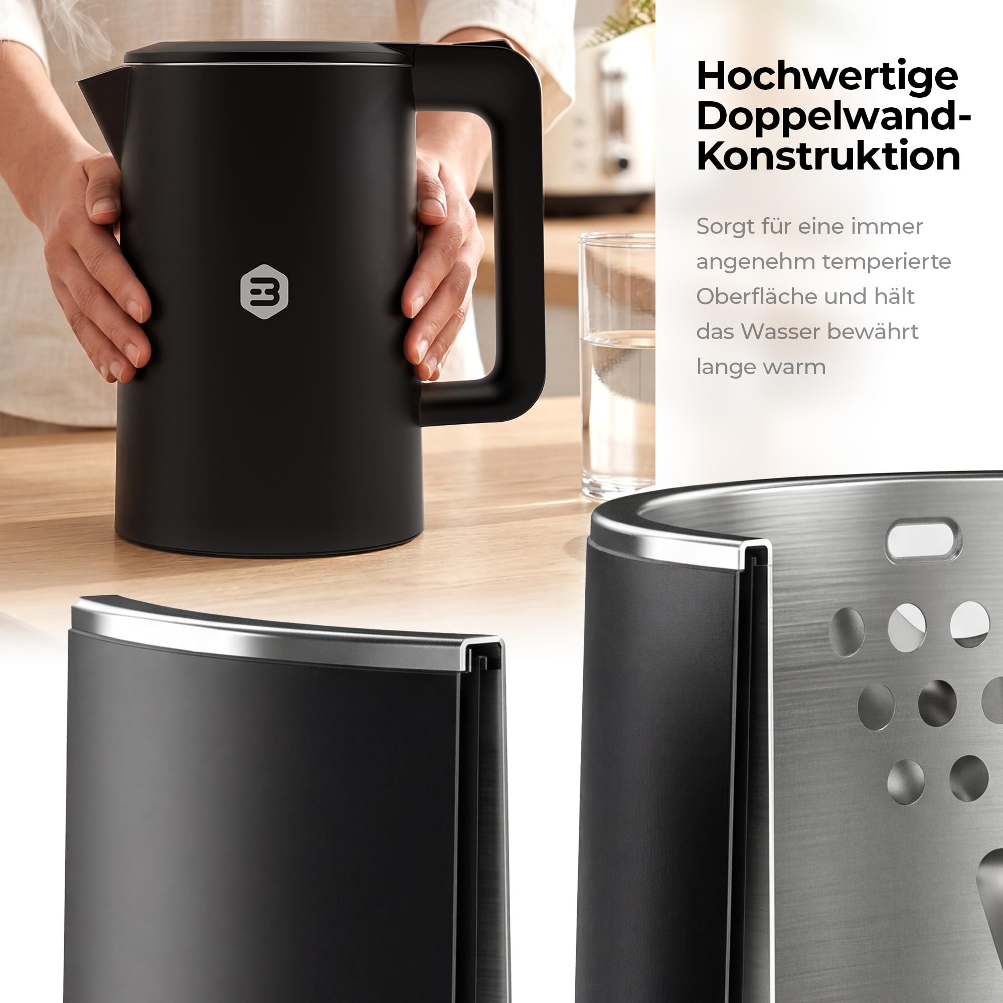 Balter Wasserkocher Edelstahl WK-4, 1,7 Liter, elektrischer Wasserkocher, Doppelwand Design, BPA frei, LED, Teekocher Kompakt, leise (Schwarz)
