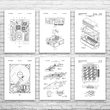 Computer Hardware Patent Posters Set of 6 24x36, Computer Decor, Lab Art, Tech Decor, Programmer Gift, Computer Wall Art Black & White