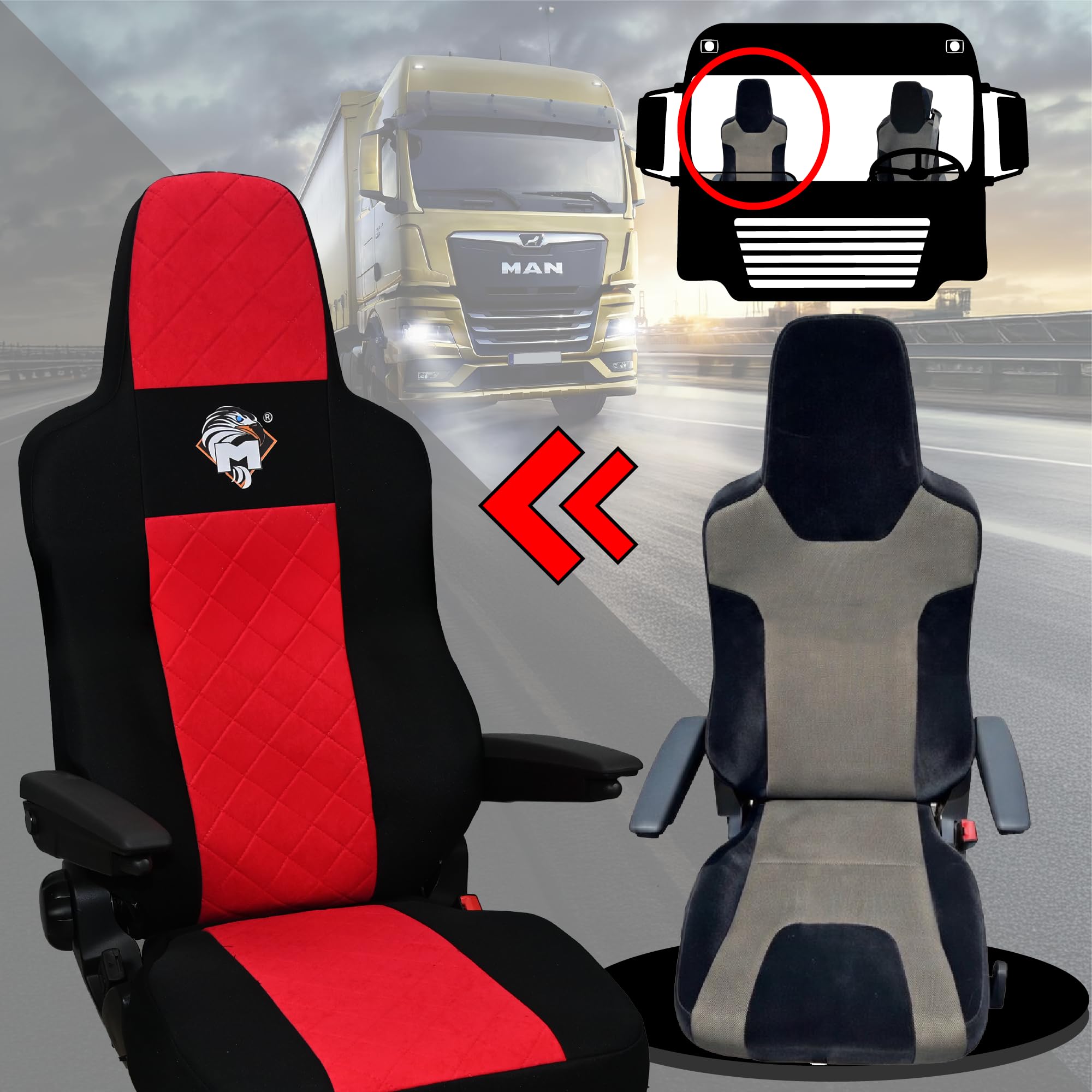SABA Funda de Asiento para Man TGX Desde 2020 1-Rieme, Rojo | Accesorio de camión para protector de asiento - funda de asiento resistente para asientos delanteros