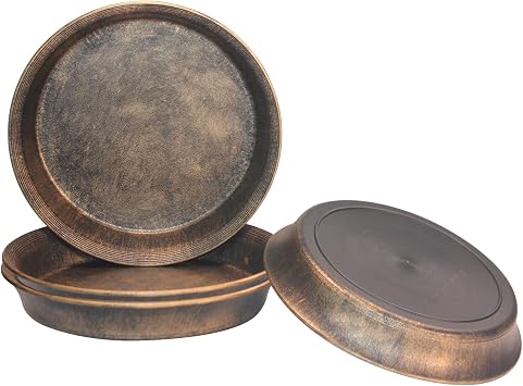 ARTLINE Decorative Rustic Plastic Plant Saucer Medieval Antique Matte Metal Look, 4 Pack 7" Small Flower Pot Drip Water Trays Indoor Outdoor, Planter Drainage Plates to Catch Water, Bronze