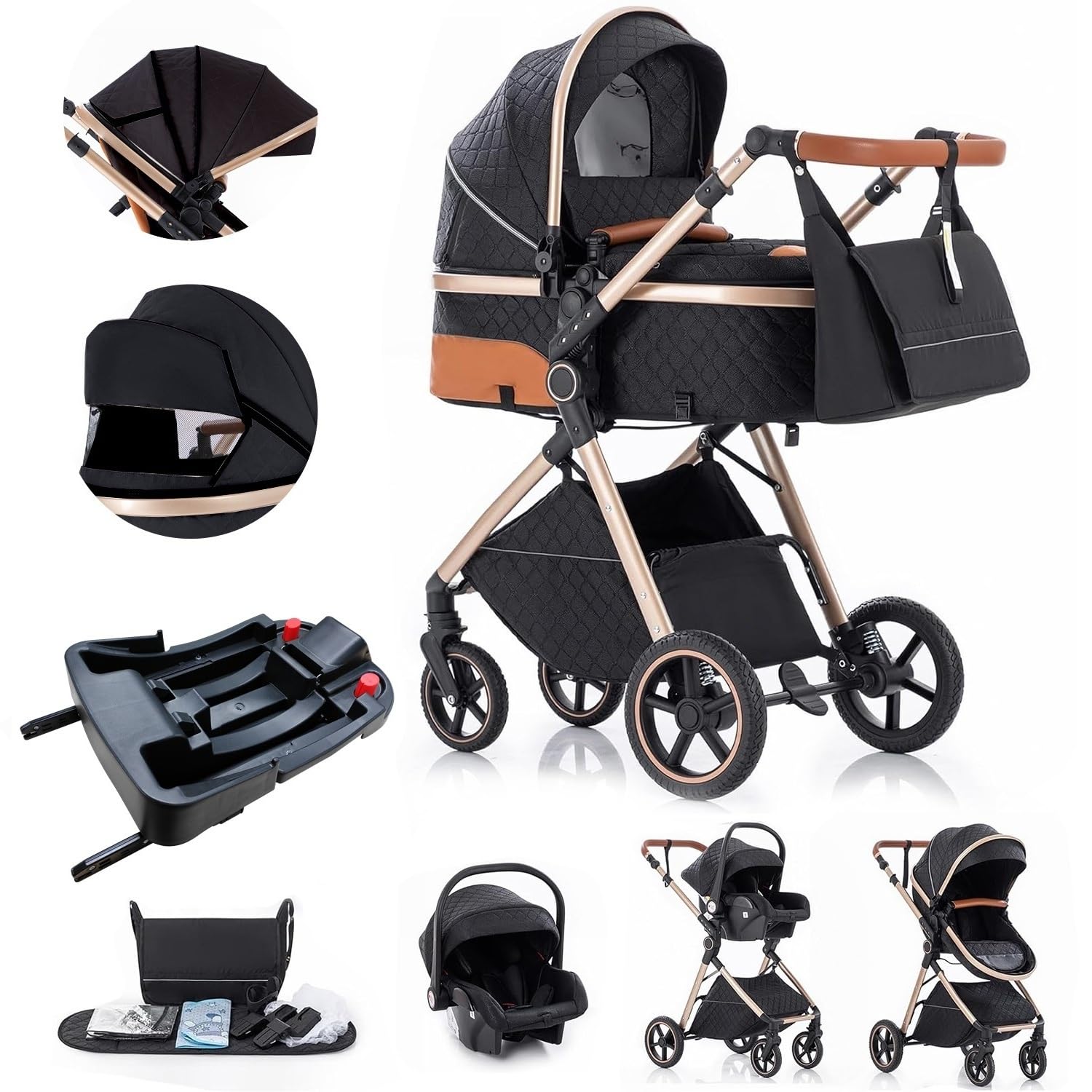 Gcarebb Système de voyage 3 en 1 avec base Isofix, poussette avec poignée réglable en hauteur, landau de voyage avec housse de pluie, poussette pour bébé avec cadre en aluminium pour nouveau-né