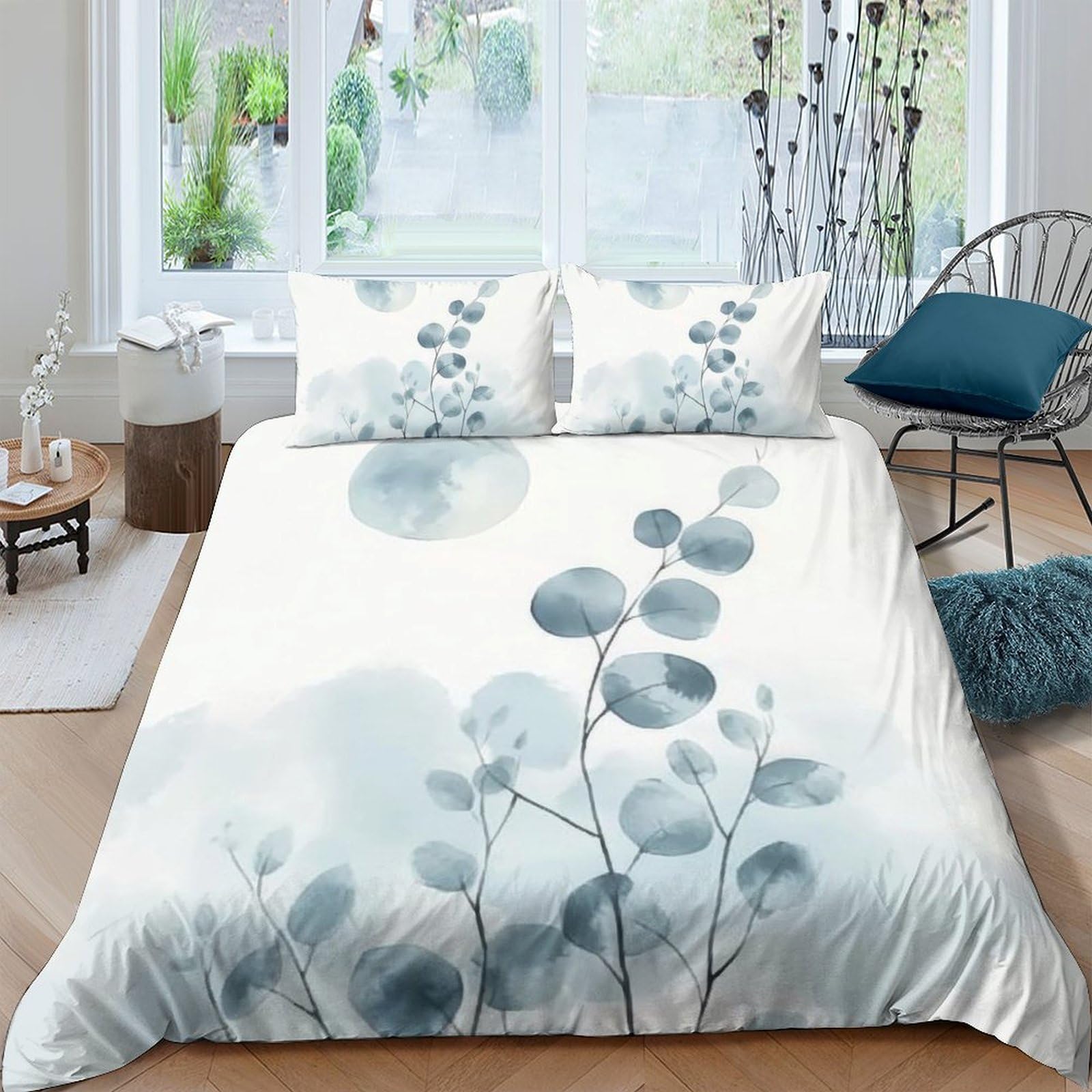 Ctjqhvkz Style-7 3D Printed Watercolor Eucalyptus Fitted Sheet Microfiber Soft Botanical Misty Leaves Mattress Cover Bedroom Decor Single（135X200cm）
