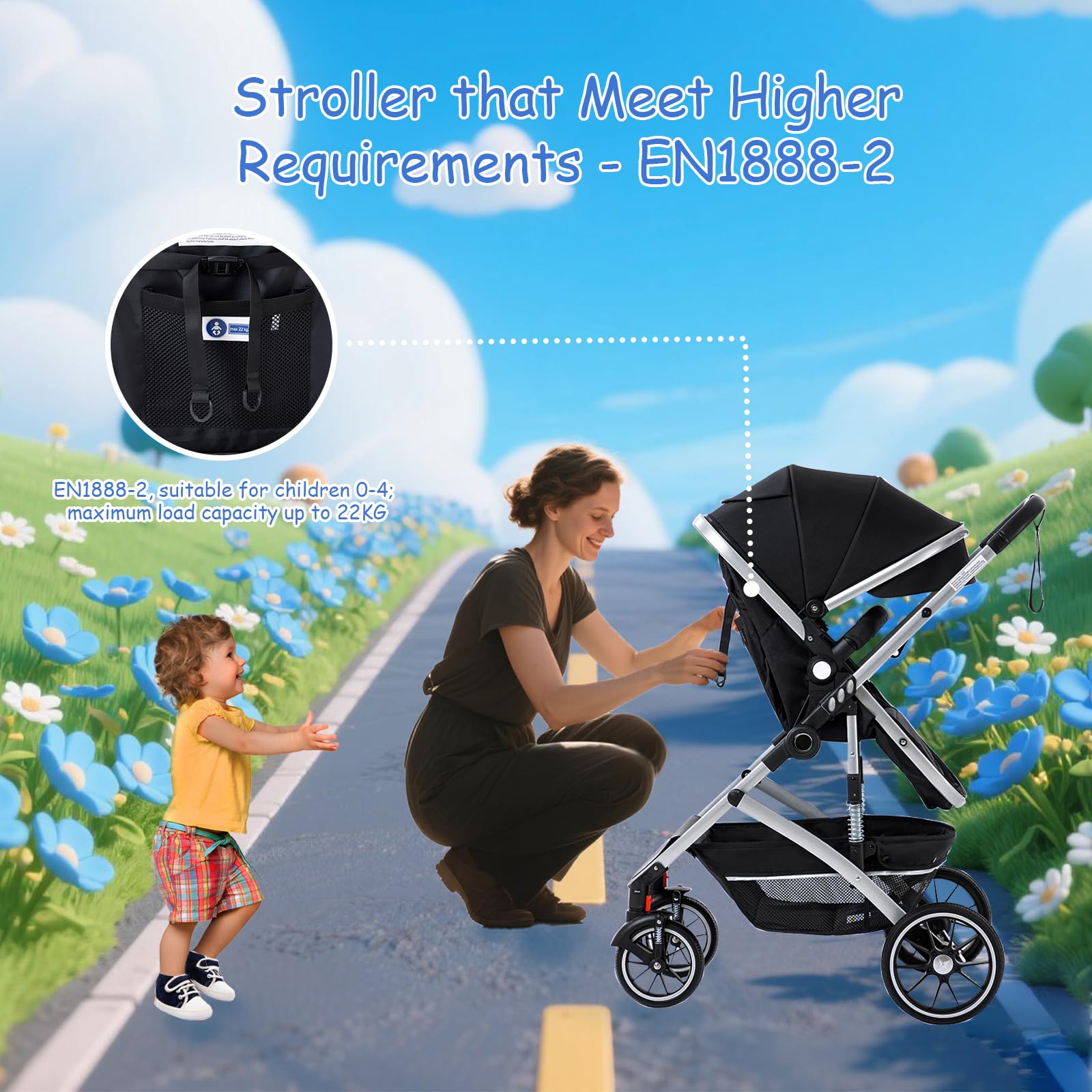 Cochecito de Bebé 3 en 1, Cochecito Plegable en Un Clic, Cochecito Alto con Asiento Ancho y Acogedor (38.5cm), Se Puede Bloquear las Ruedas Delanteras