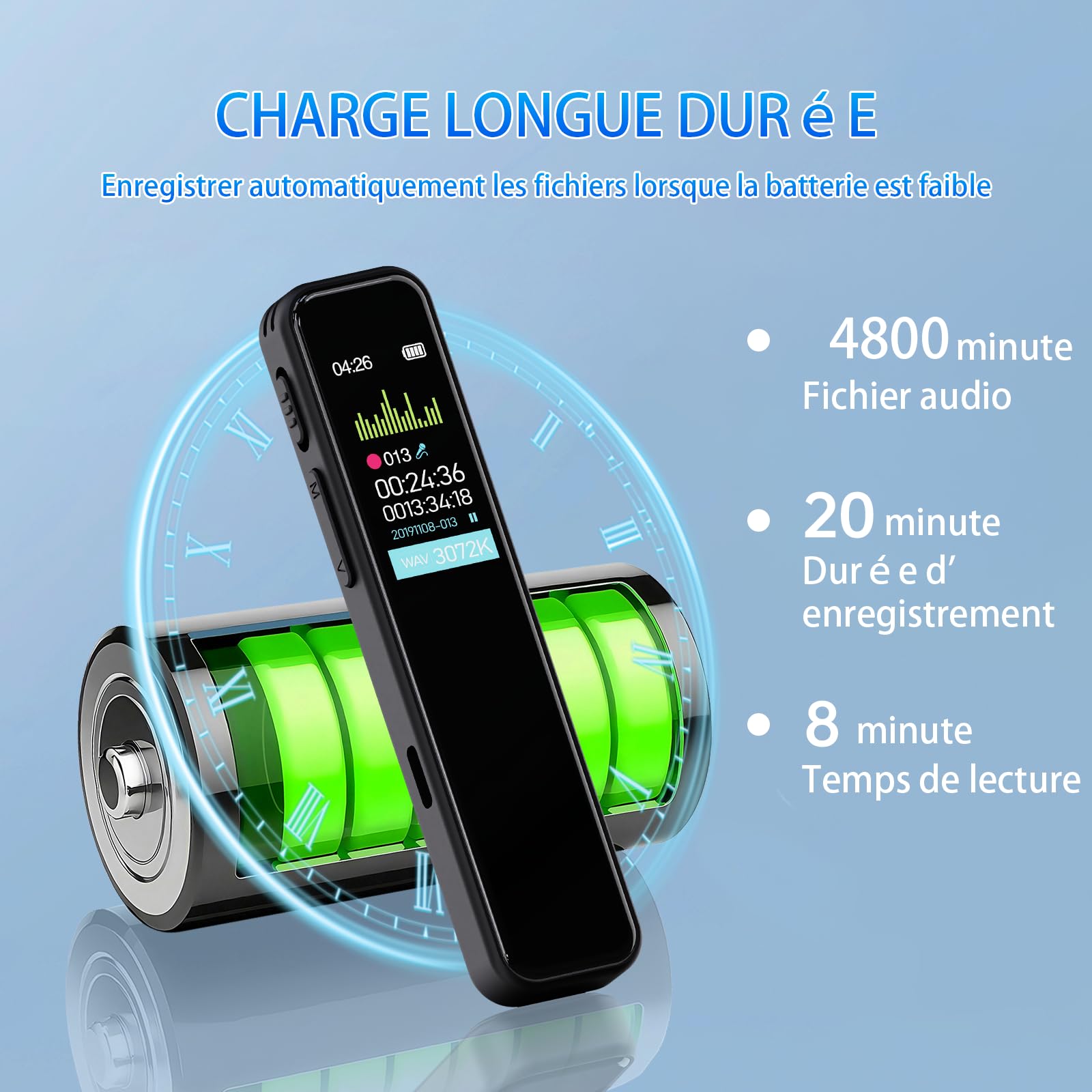 Enregistreur Vocal 64GB Rechargeable - Commande Vocale, MP3, Réduction Bruit - Dictaphone Pour Cours, Réunions, Entretiens