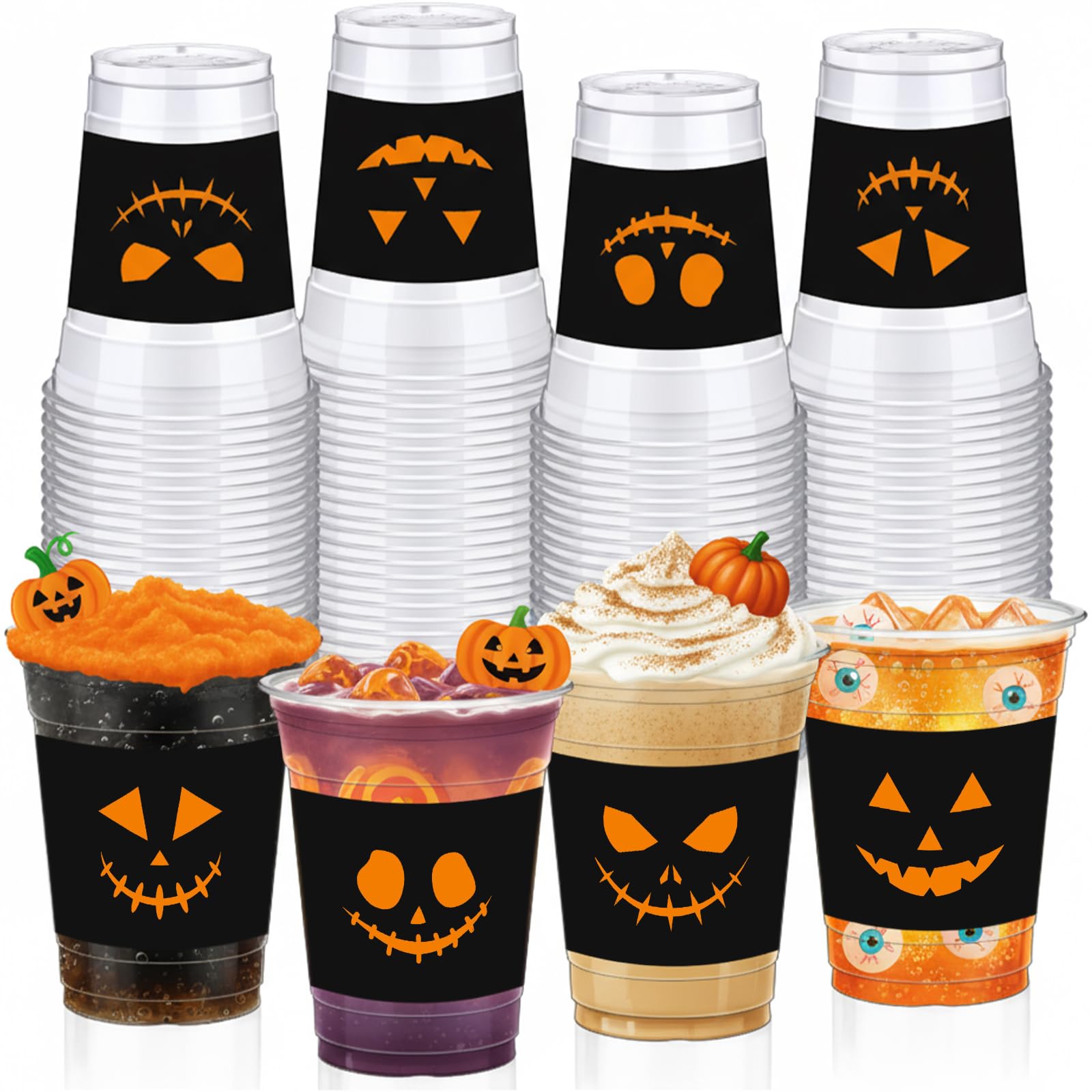 Bokon 100 Pcs Halloween 12 oz Plastic Cups Disposable Cocktail Glasses Happy Halloween Cute Disposable Cups for Coffee Juice Hot Cold Drinks Party Supplies(Black,Pumpkin)