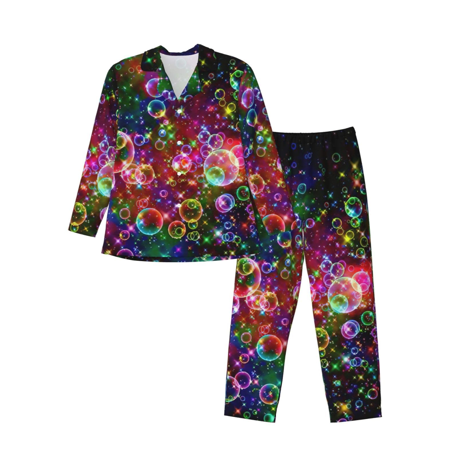 Conjunto de pijama de manga larga para hombre con estampado de estrellas y arcoíris colorido, ropa de dormir de dos piezas, transpirable, cómoda