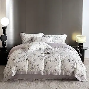 VM VOUGEMARKET Lilac Flower Duvet Cover Queen Silk-Like Smooth & Cool Eucalyptus Lyocell Duvet Cover with 2 Pillow Shams,Moisture Wicking Cooling Bedding Set for Summer-Queen,Purplish Grey