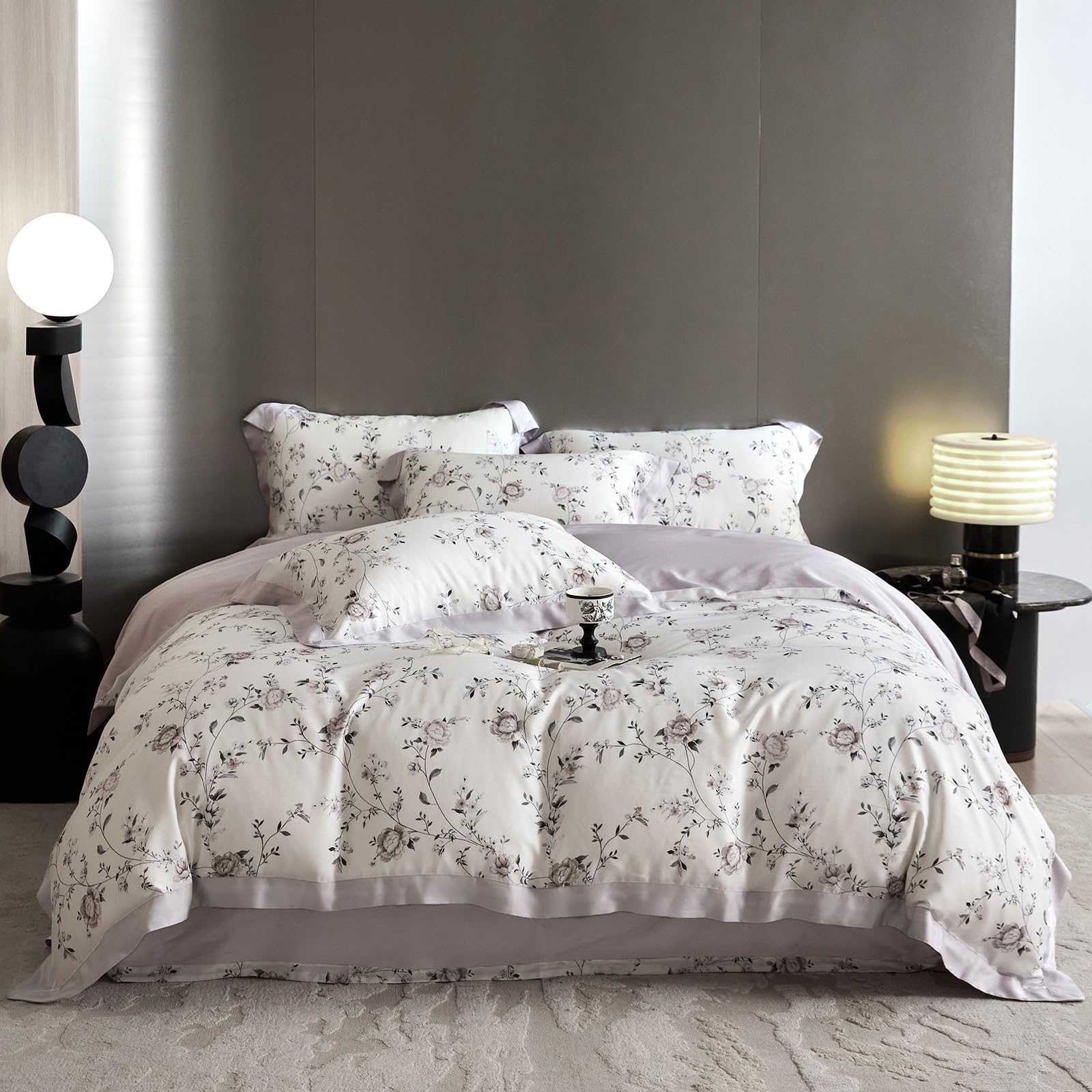VM VOUGEMARKET Lilac Flower Duvet Cover Queen Silk-Like Smooth & Cool Eucalyptus Lyocell Duvet Cover with 2 Pillow Shams,Moisture Wicking Cooling