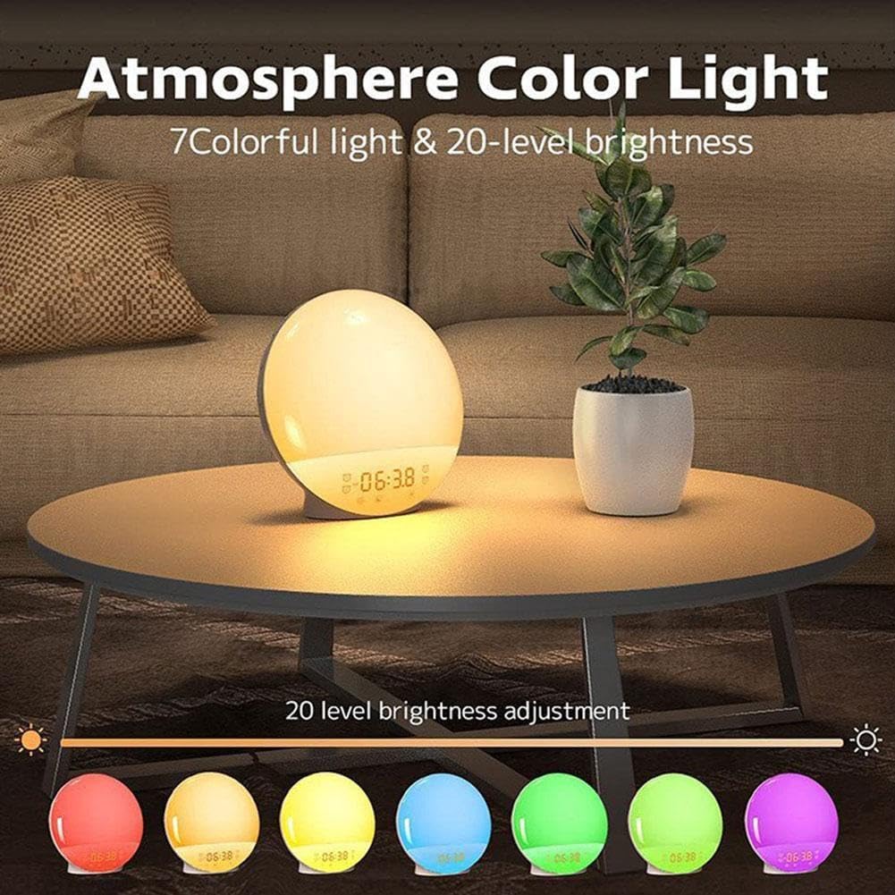 Reloj despertador de amanecer para niños con luz colorida y radio FM, luz de despertador con simulación de amanecer y atardecer