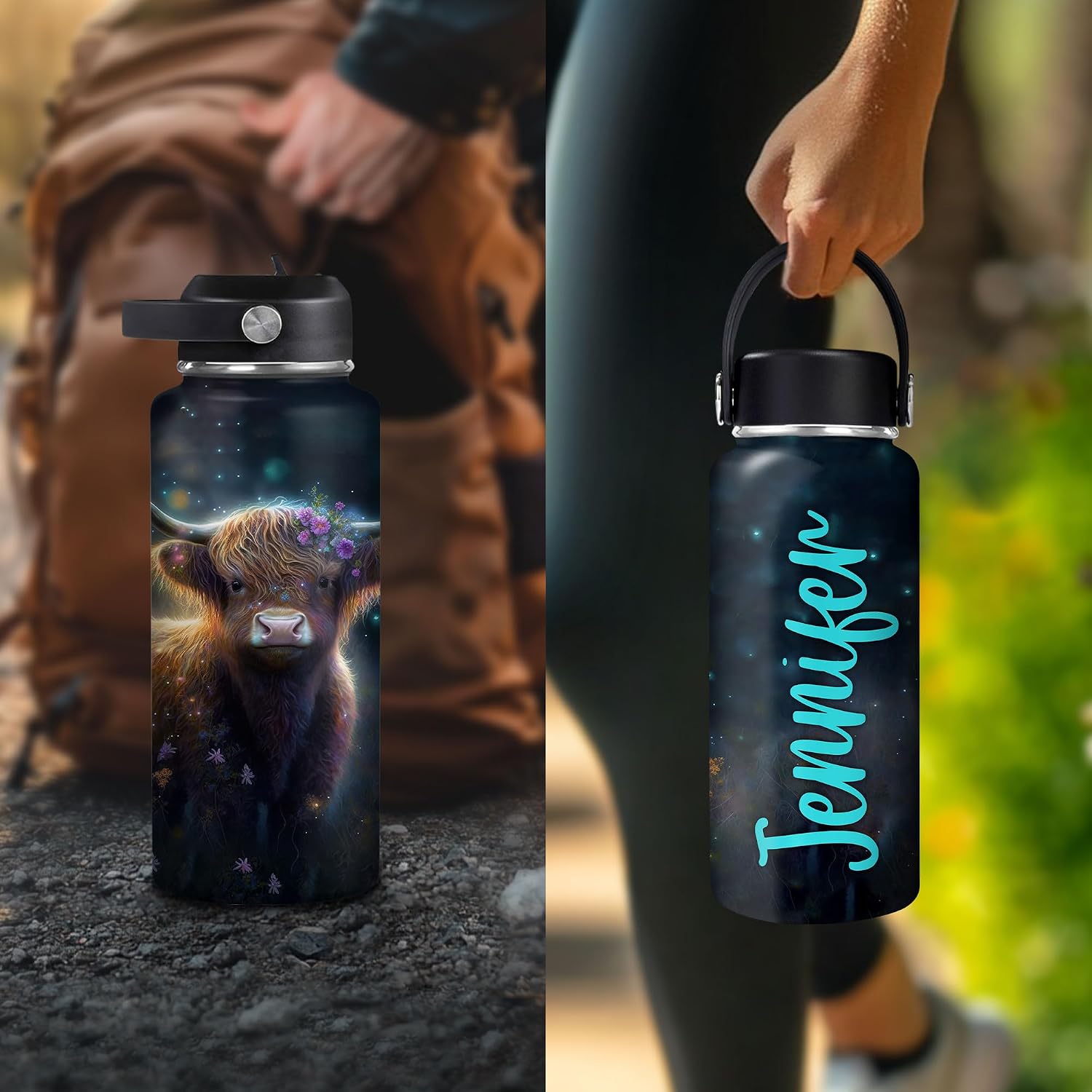 Hyturtle Personalized Highland Cow Water Bottle - Insulated Stainless Steel Bottle with Leak-Proof Lid 18oz 32oz - Highland Cow Gift for Women, Girls, Highland Cow Lovers - Birthday & Christmas Gift