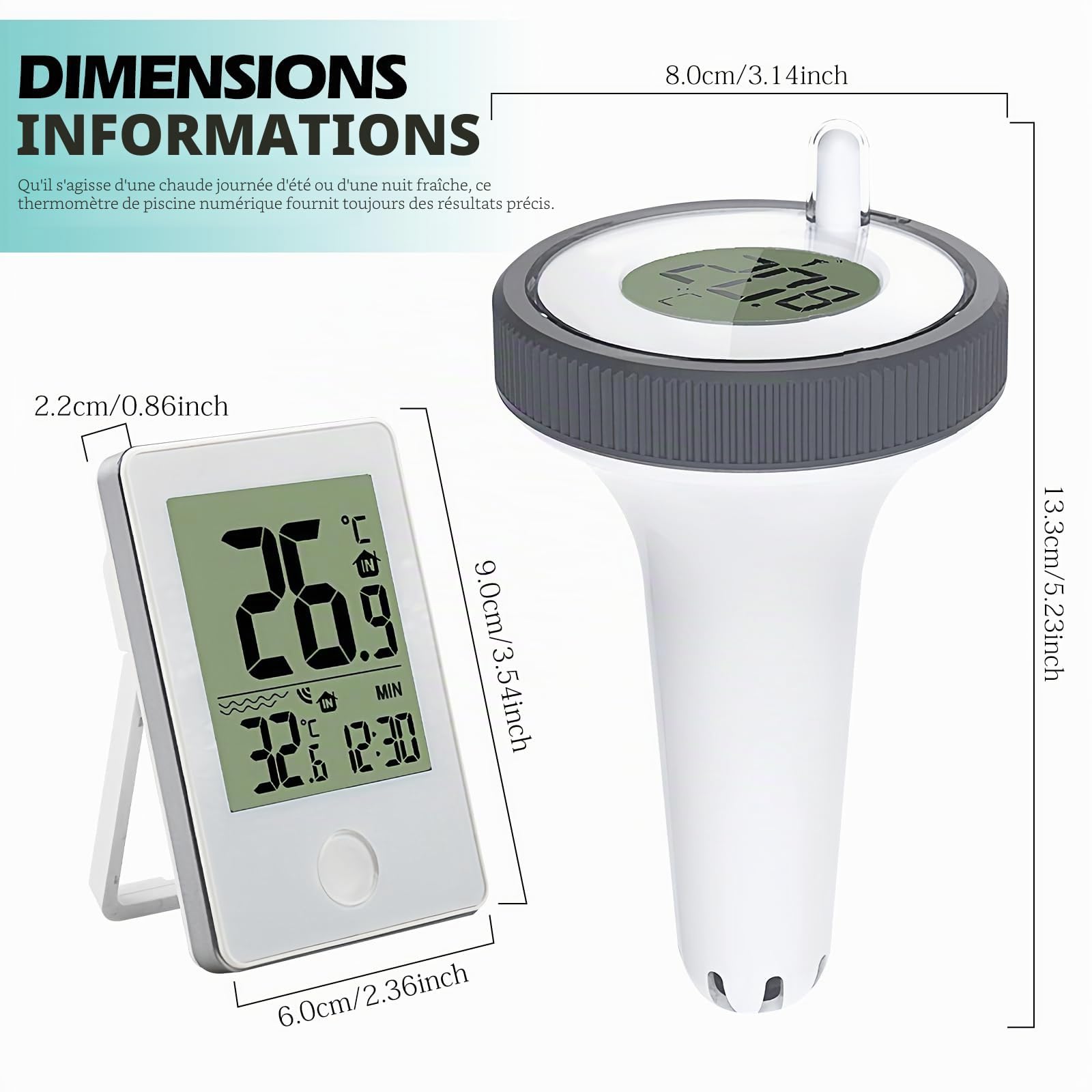 Thermomètre de piscine numérique - Thermomètre flottant sans fil - Étanche IP67 - Pour aquarium, piscine, étang, étang à poissons