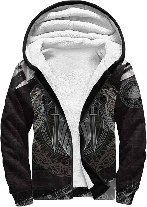 Sudadera con capucha de forro polar para hombre con tatuaje vikingo, chaqueta de invierno con cremallera estilo Harajuku | Sudadera con capucha de mitología nórdica con Odin, Cuervo, impresión 3D, Fenrir, Amuleto de dragón, disfraz con bolsillo canguro