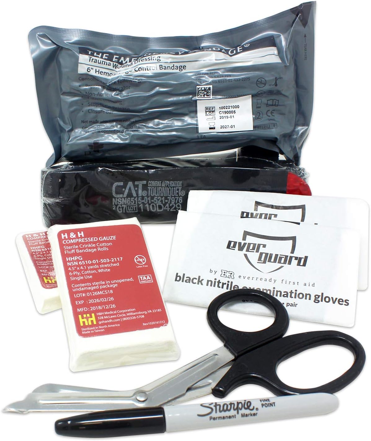 Ever Ready First Aid Bleeding Control - Basic Kit with CAT Tourniquet, Hemostatic Bandage, Compressed Gauze Dressing, Autoclavable Stainless Steel Trauma Shears, Gloves, Permanent Marker