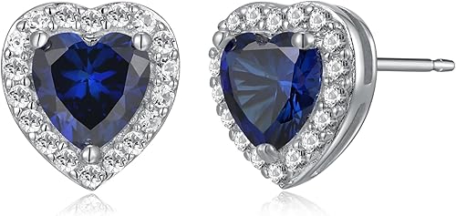 Aretes de corazón Halo con piedra de nacimiento de plata de ley
