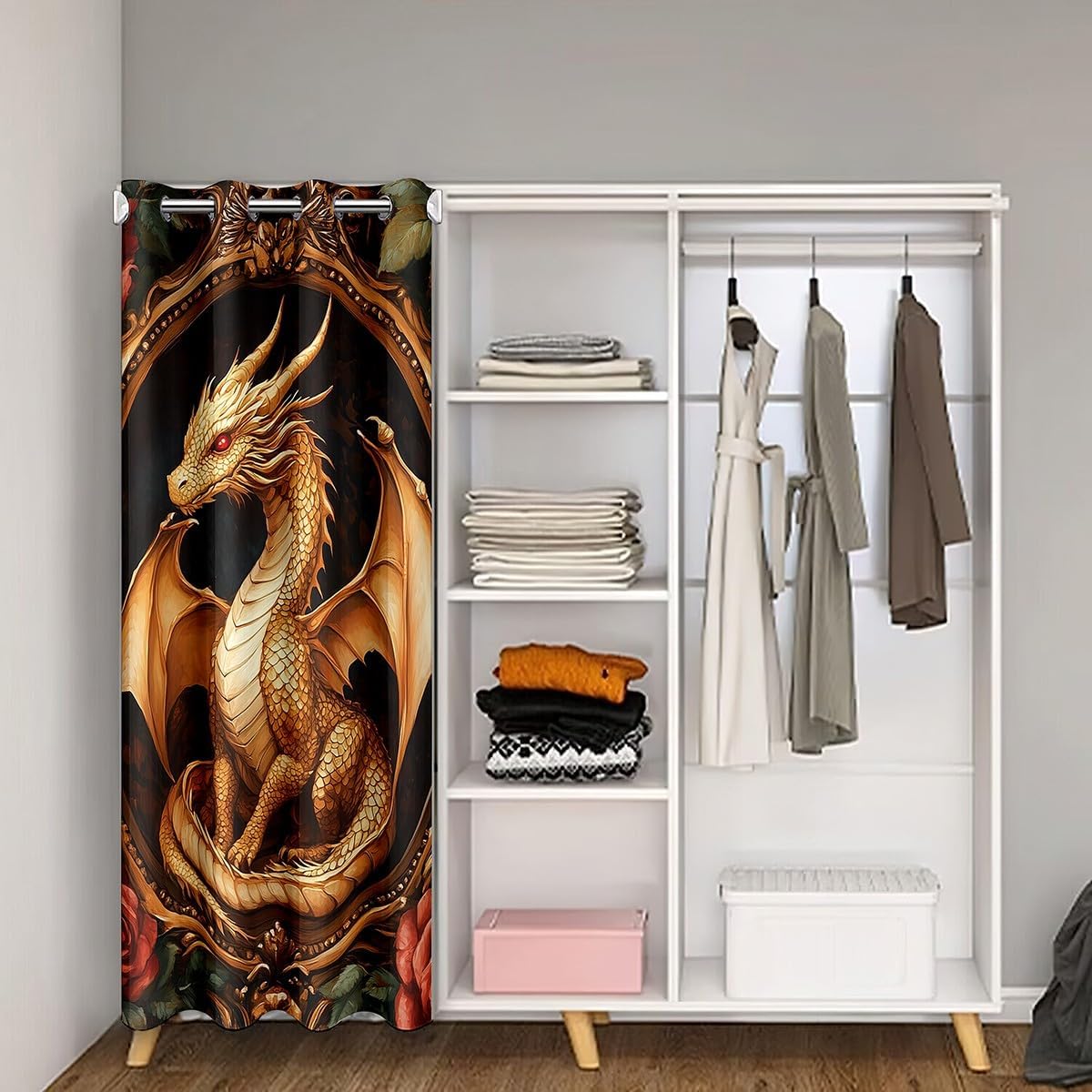 Golden Dragon Door Curtain Classical Romantic Rose Blackout Curtain for Kids Boys Girls Western Magical Animal All Season Blackout Curtain Mysterious 3D Dragon Door Drape 42" W X 80" L