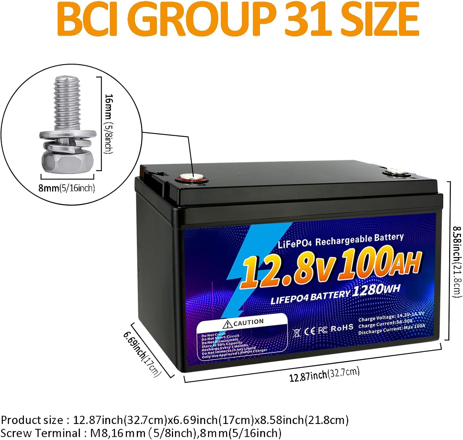 12V 100Ah LiFePO4 Battery, Group 31 Lithium Iron Phosphate Battery, 100A BMS Low-temp Protection 15000 Deep Cycles for Home Energy, RV, Solar System, Fishing Boat