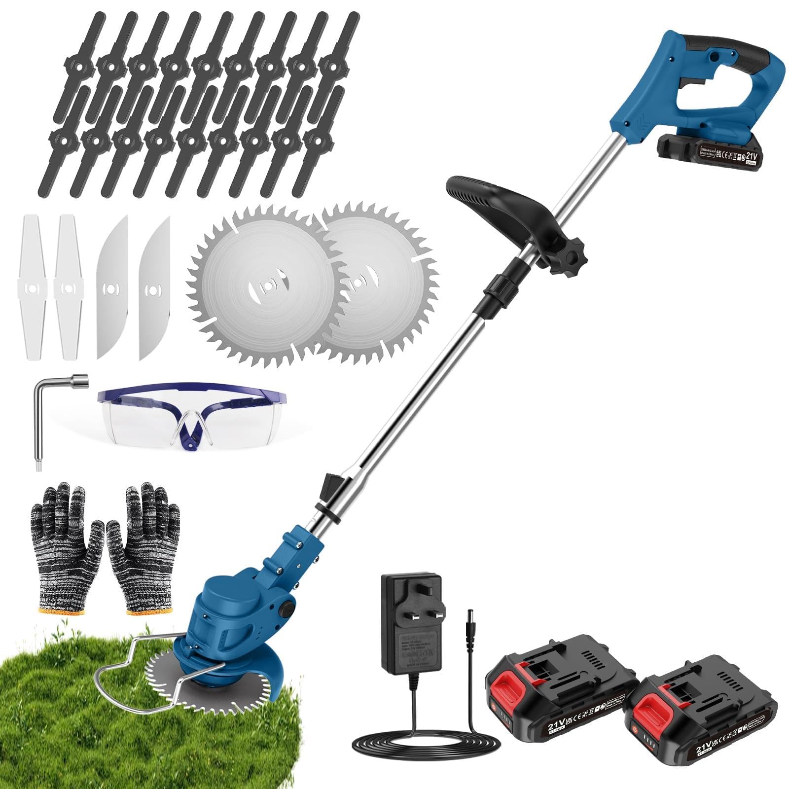 Cordless Strimmer with 2 x 21V 2000mAh Battery and 4 Blade System, Garden Strimmer with Adjustable Telescopic Shaft and Foldable Design, Grass Trimmer for Lawn, Bushes and Yard - Sea Blue