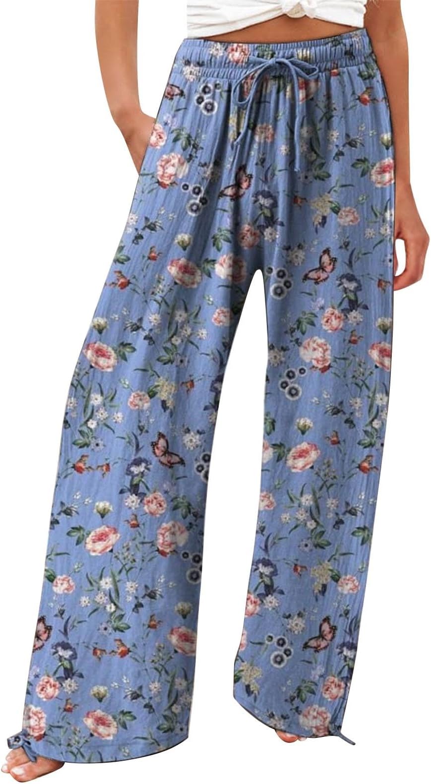 Women Wide Leg Pants Cotton High Waist Summer Colorful Floral Floral Print Pant Lounge Beach Trousers with Pocket