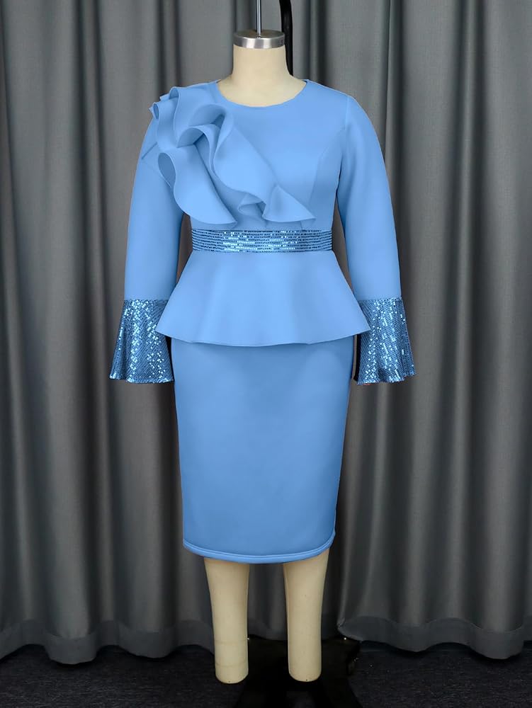 Amazon.com: AOMEI Women's Blue Asymmetric Ruffles Long Flare