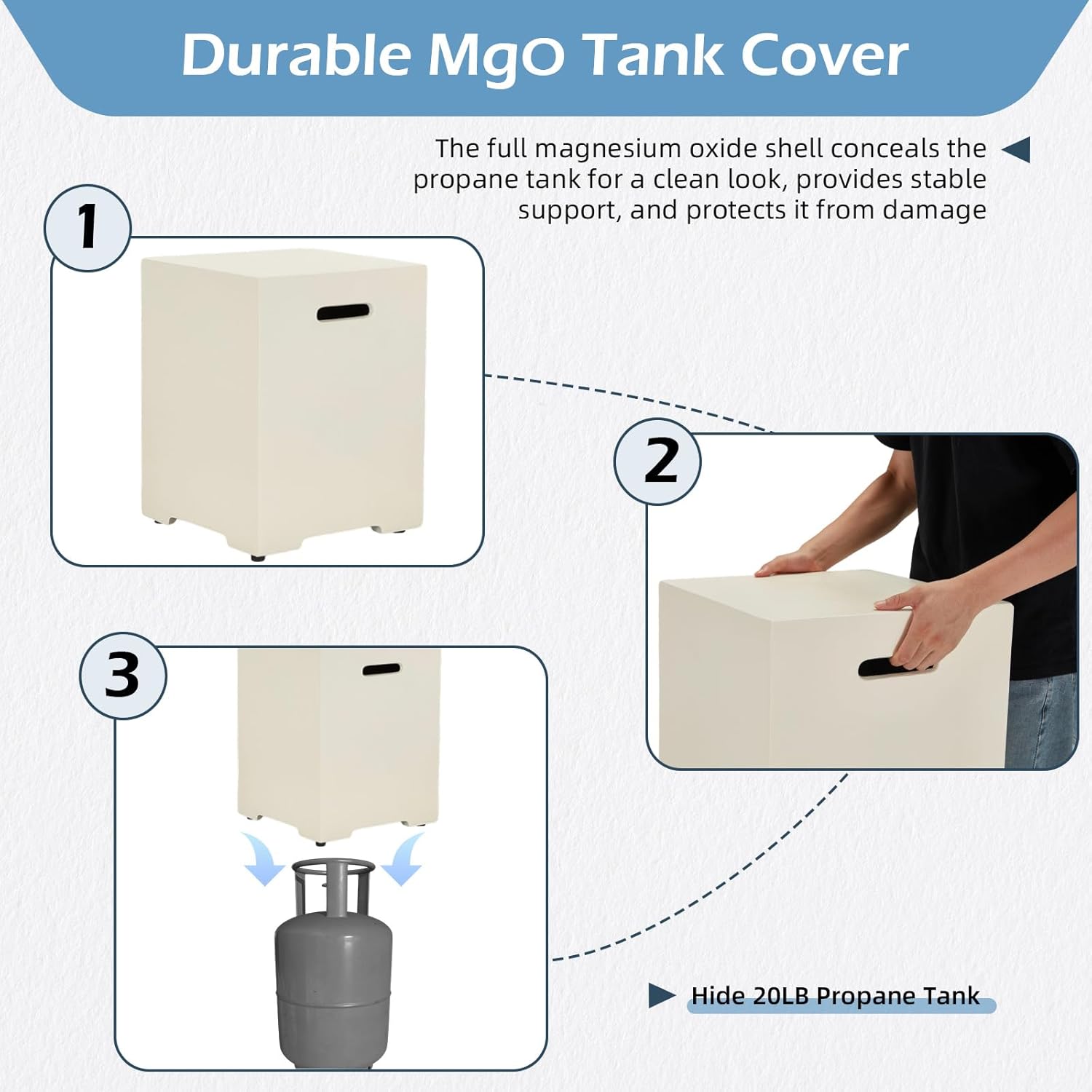 ECOTOUGE Modern Propane Tank Cover, 20 lb Tank Cover Table for Fire Pit Table, Gas Tank Storage Box with Side Handles, Hose Hole, Propane Tank Hideaway, Dual Function for Side or End Table, Beige