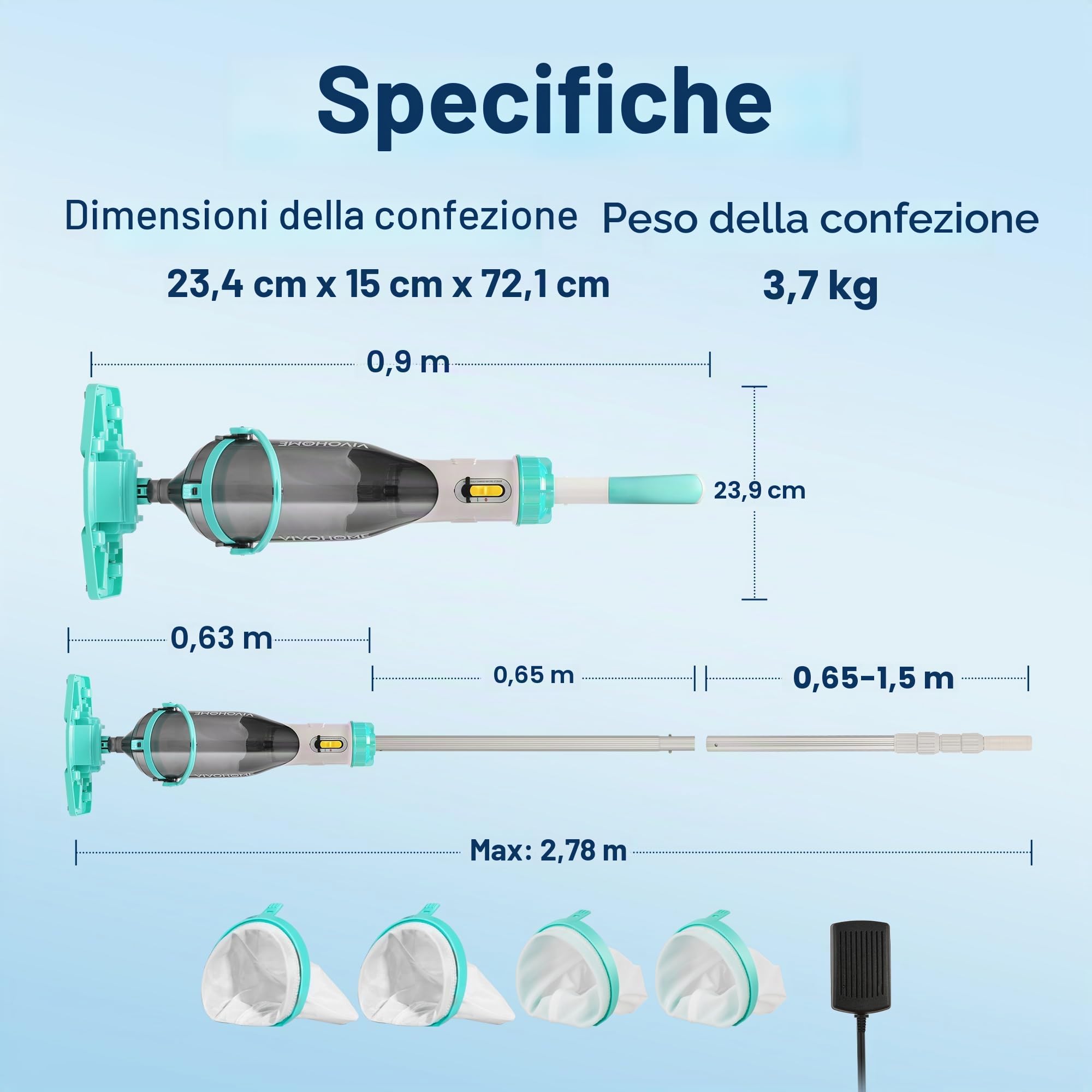 VIVOHOME Aspirapolvere per Piscina Senza Fili con Aste Telescopiche 278cm Aspirazione 18,5 GPM Autonomia 60 Minuti Pulitore Portatile Ricaricabile con Indicatore di Batteria per Piscine