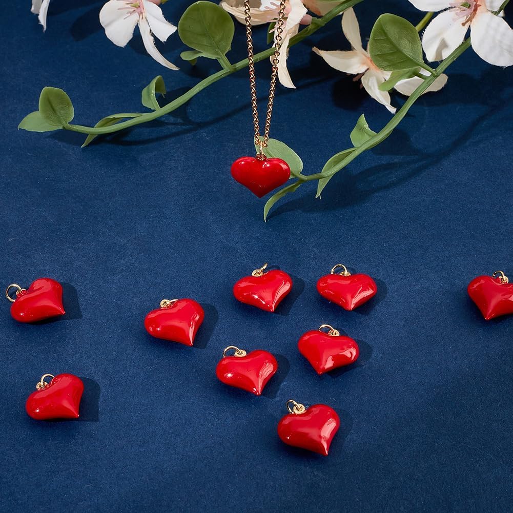 Beebeecraft 1 Box 10Pcs Enamel Heart Charms 18K Gold Plated Red Puffy 3D Heart Love Charm for Jewelry Making Earring Bracelet Necklace Valentine