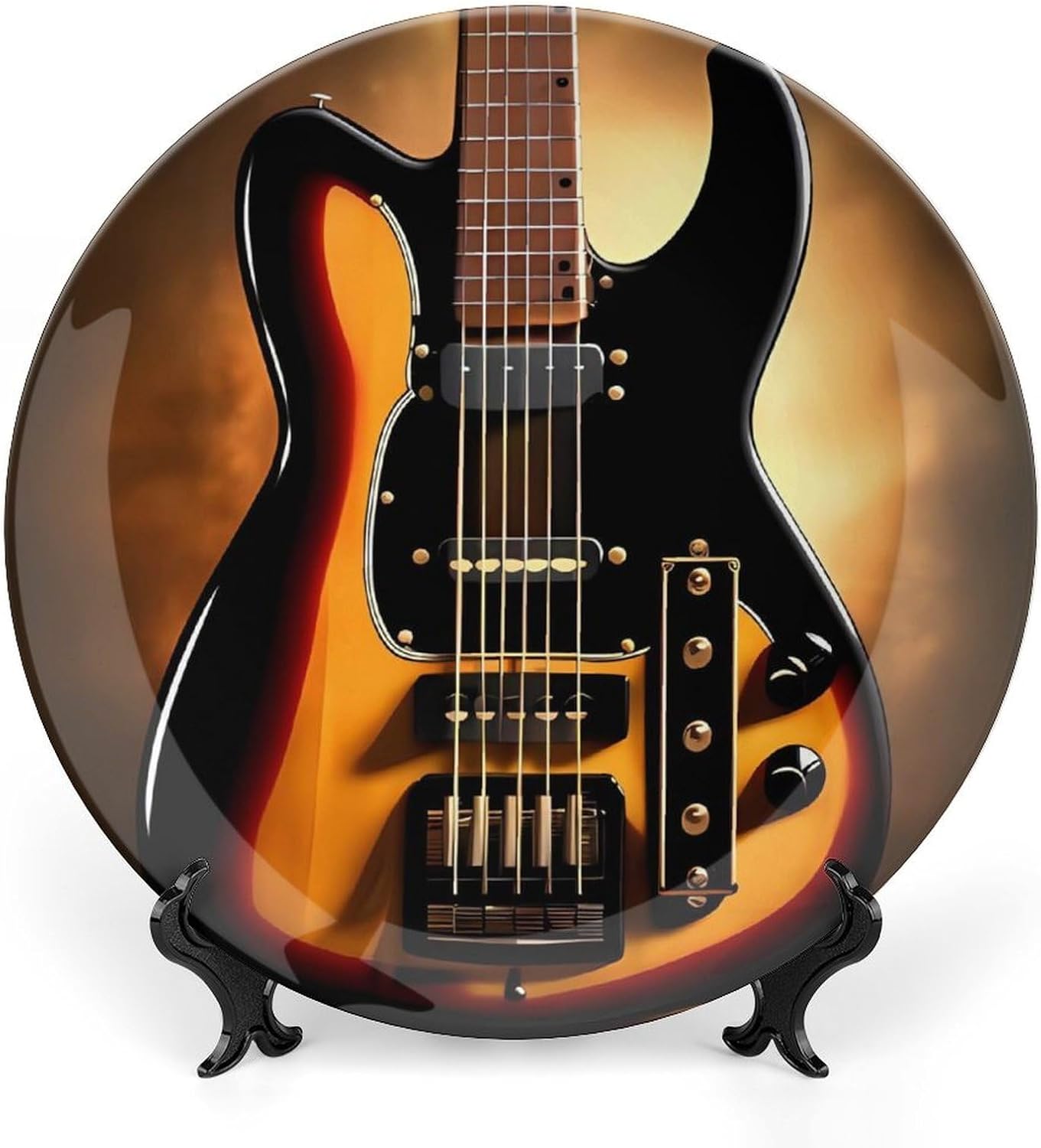 Instrumental Guitar Ceramic Decorative Plate Bone China Decorative Plates with Display Stand Dinner Plates Art Crafts Ceramic Ornaments for Wall Hanging Decoration