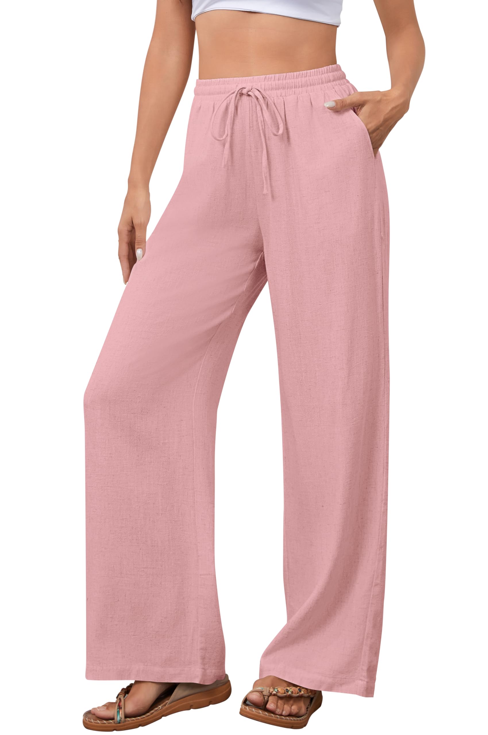 NONSAR Hose Damen Baumwoll Freizeithose mit Kordelzug Leinenhose Elastischem Bund Casual Loose Fit Hosen Frauen Weitem Bein mit Taschen Leicht Einfarbig Hosen Musselin Strandhose
