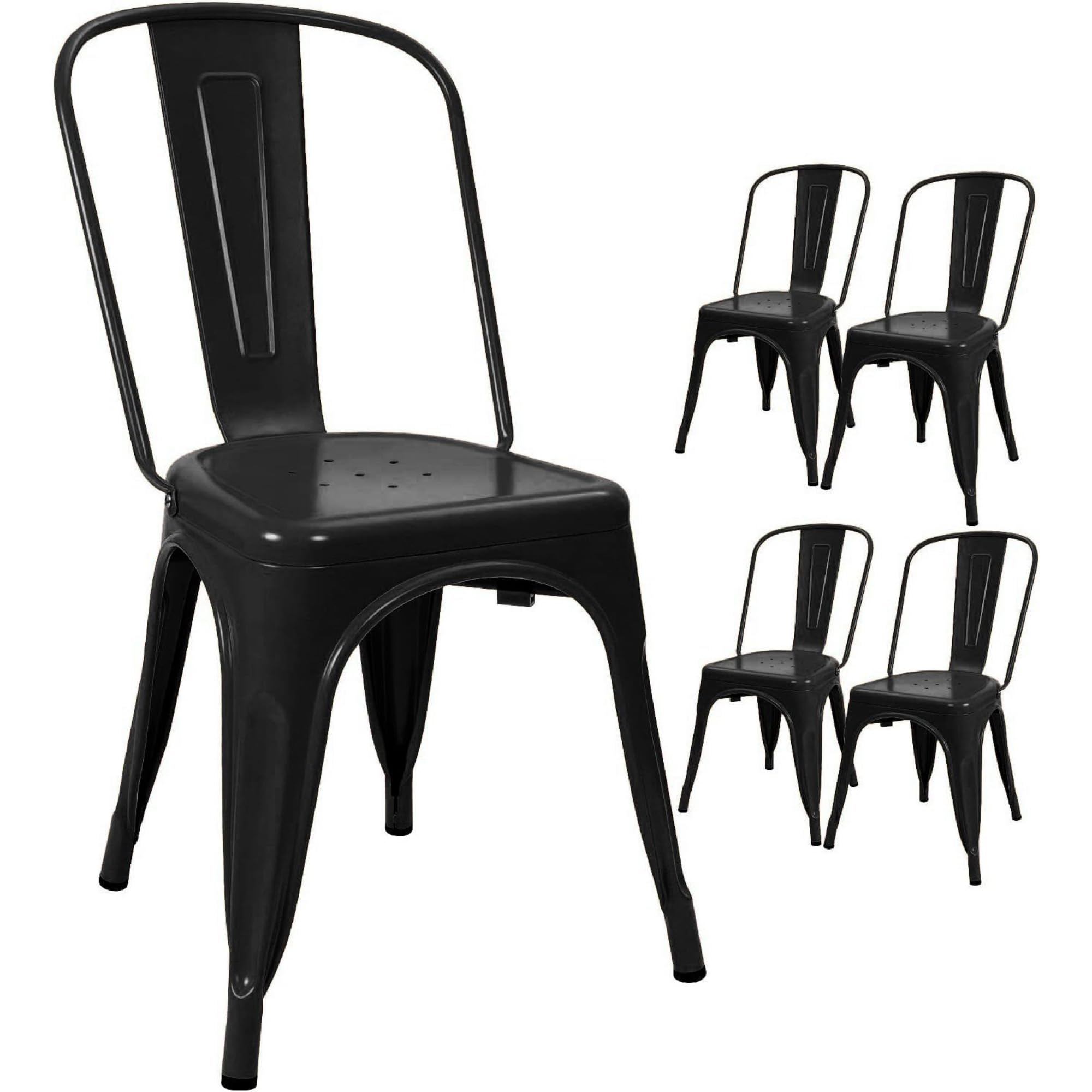 Devoko Metal Indoor-Outdoor Chairs Distressed Style Kitchen Dining Chairs Stackable Side Chairs with Back Set of 4 (Black)