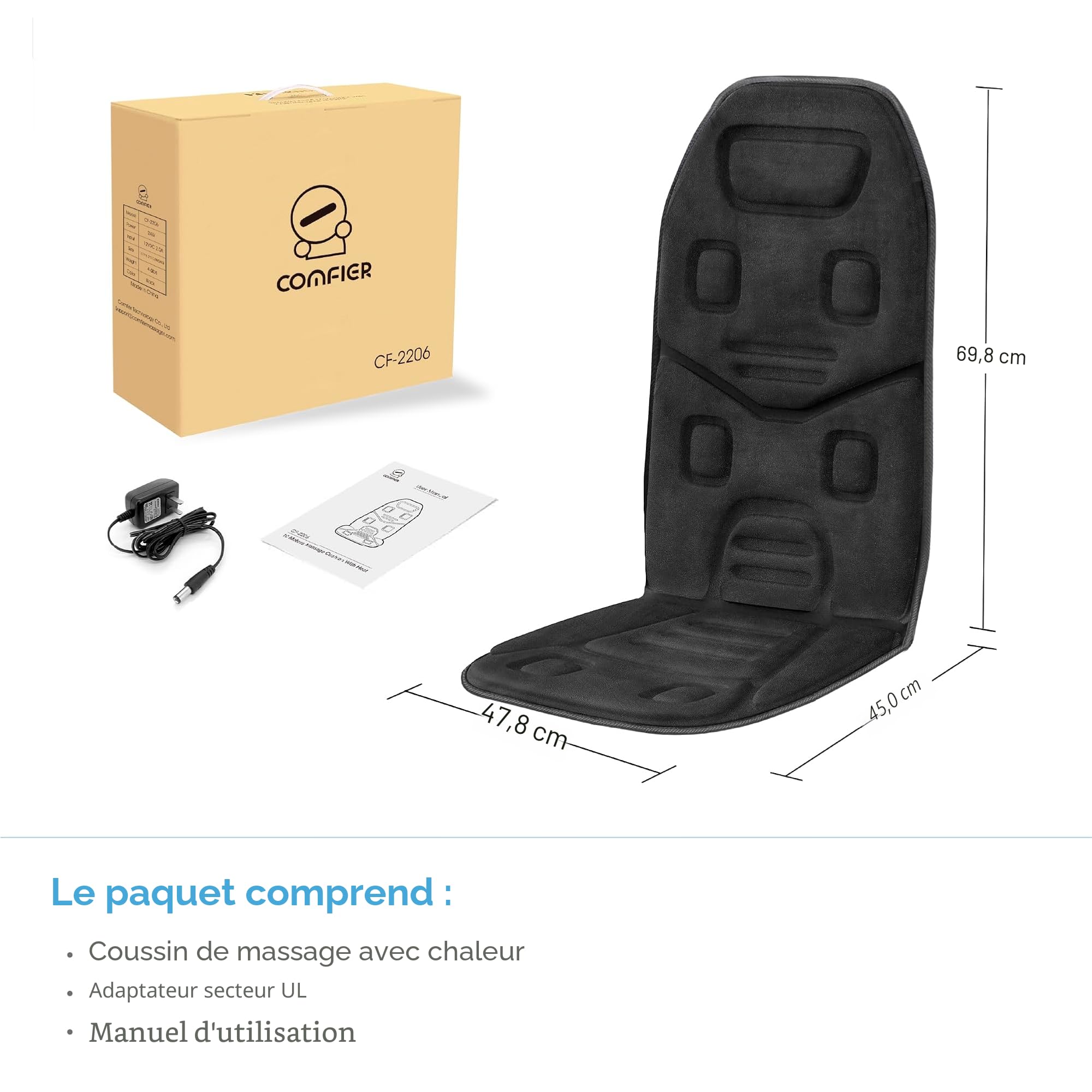 COMFIER Coussin de massage pour chaise, appareil de massage du dos avec chaleur, 10 moteurs de vibration pour le dos et la nuque, coussin de massage idéal pour le bureau et la maison