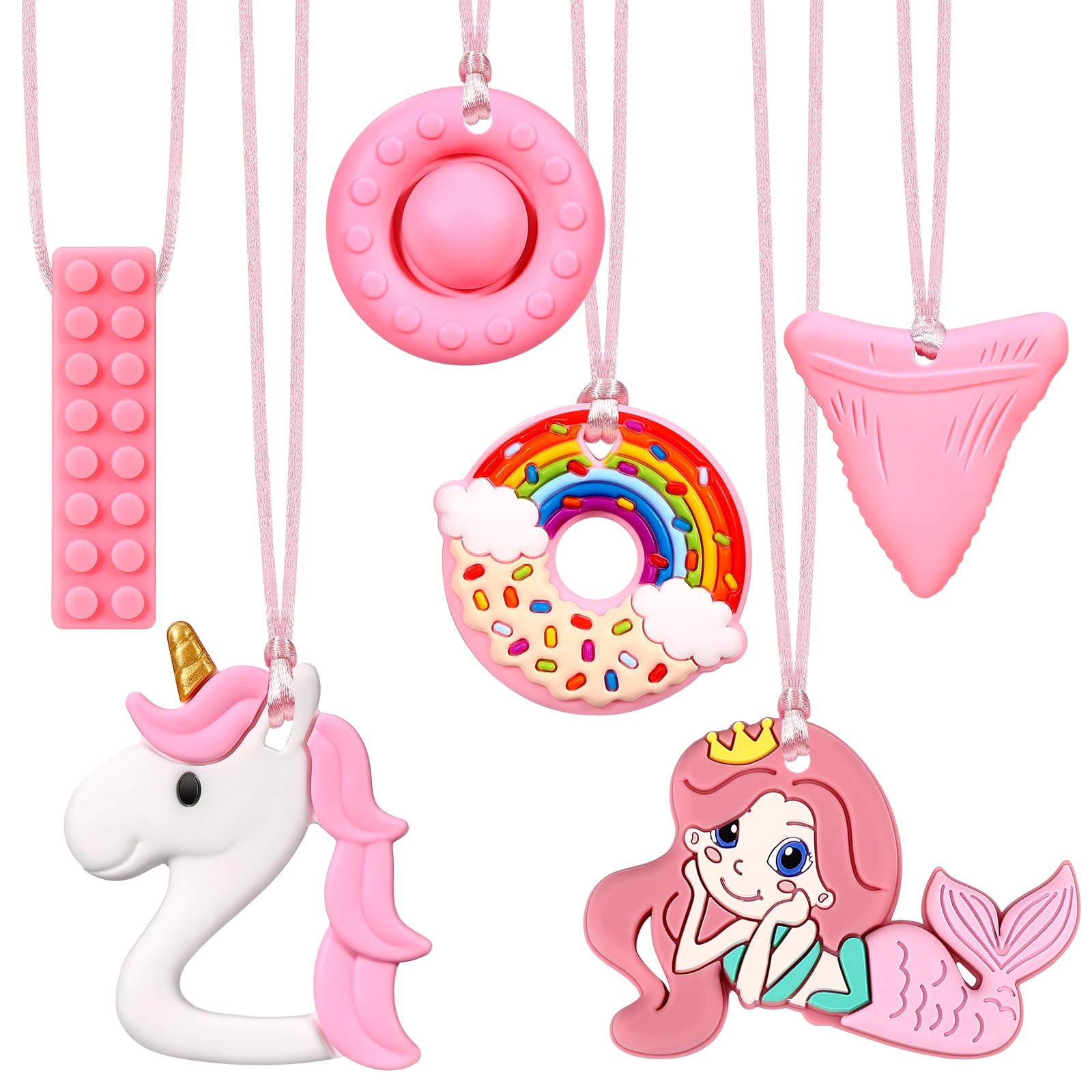 6 Piezas Mordedor Autismo, Collar de Silicona para Masticar en 6 Formas, Mordedor Bebe Refrigerante para Dentición, Niños TDAH y Necesidad de Morder (rosa)
