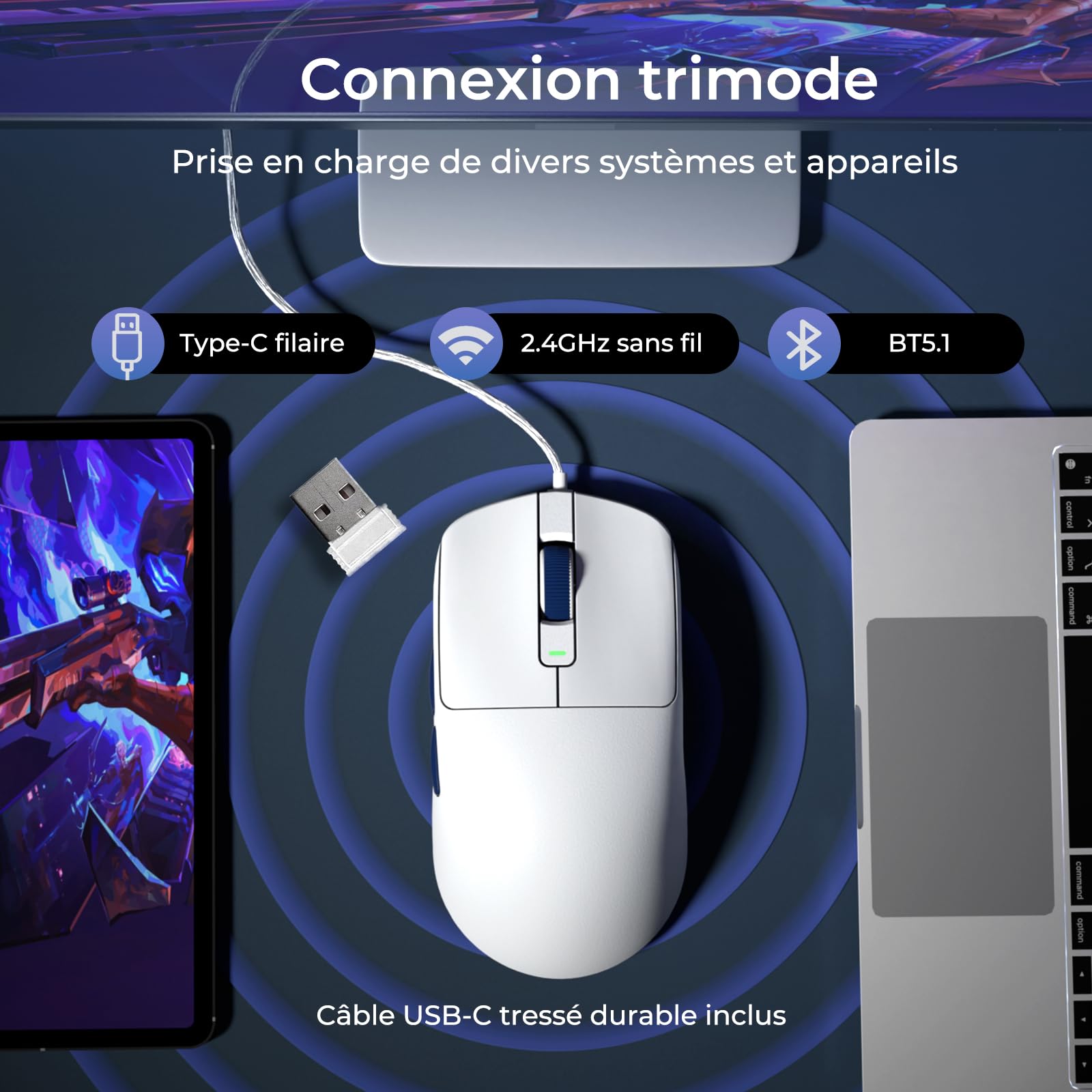 RK ROYAL KLUDGE M30 Souris sans Fil Gamer avec Capteur PixArt PAW3311, 41g Ultraléger, Polling Rate 1000Hz, BT/2.4G/Souris de Jeu Filaire, Batterie 250mAh, 5 Programmable Buttons, Blanc