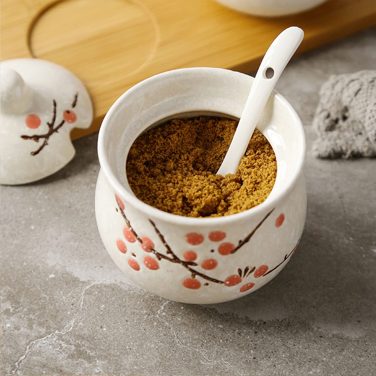 Sucrier en Fleur De Prunier De Style Chinois avec Couvercle Et Cuillère, Pot À Sucre en Céramique, Pot À Épices pour Récipient À Sucre, Pot À Sel, Boîte À Assaisonnement