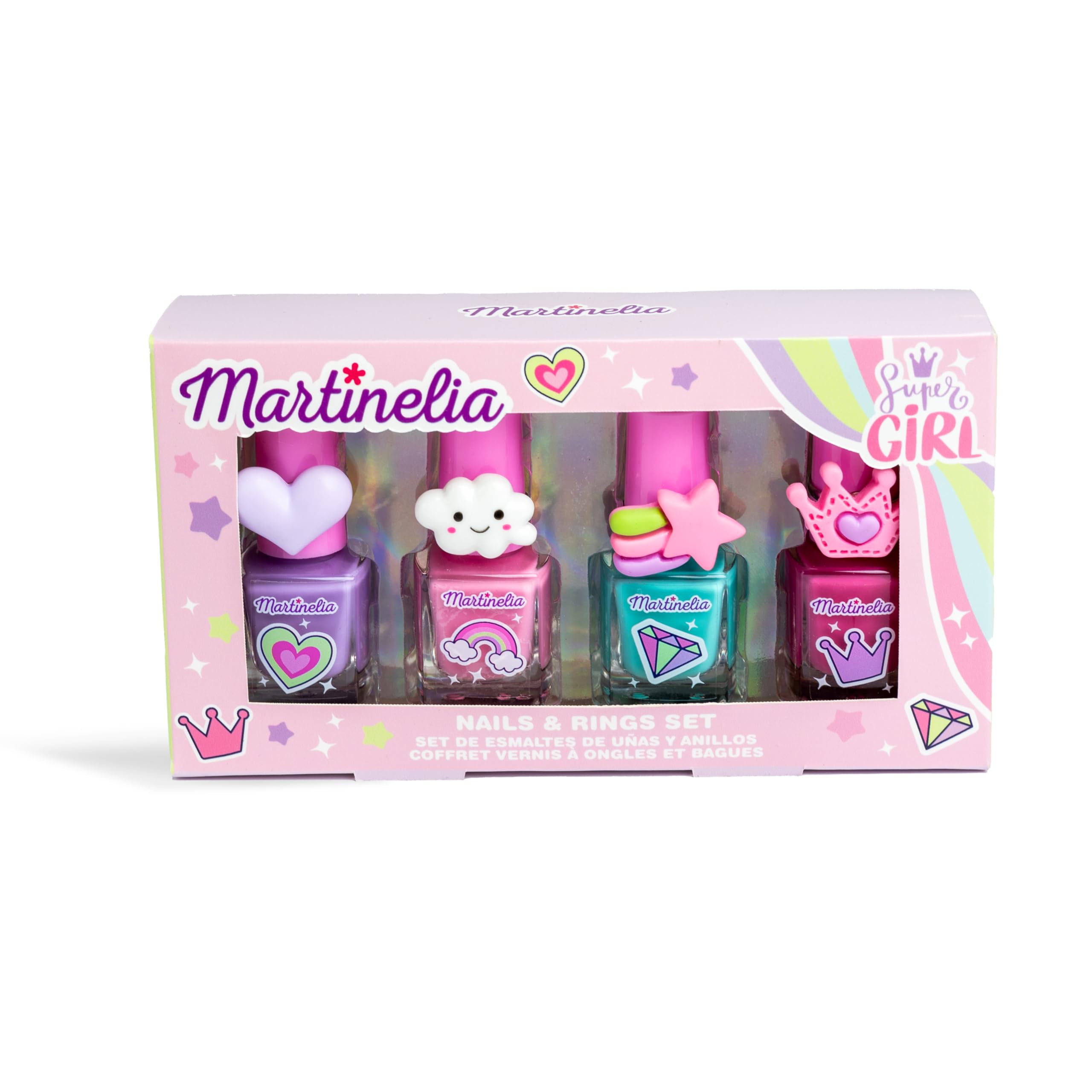MARTINELIA - Maniküre-Set für Kinder – Set mit 4 Nagellack auf Wasserbasis für Kinder – 4 Nagellack und Ringe für Mädchen – ohne Giftstoffe – Geschenkbox für Mädchen