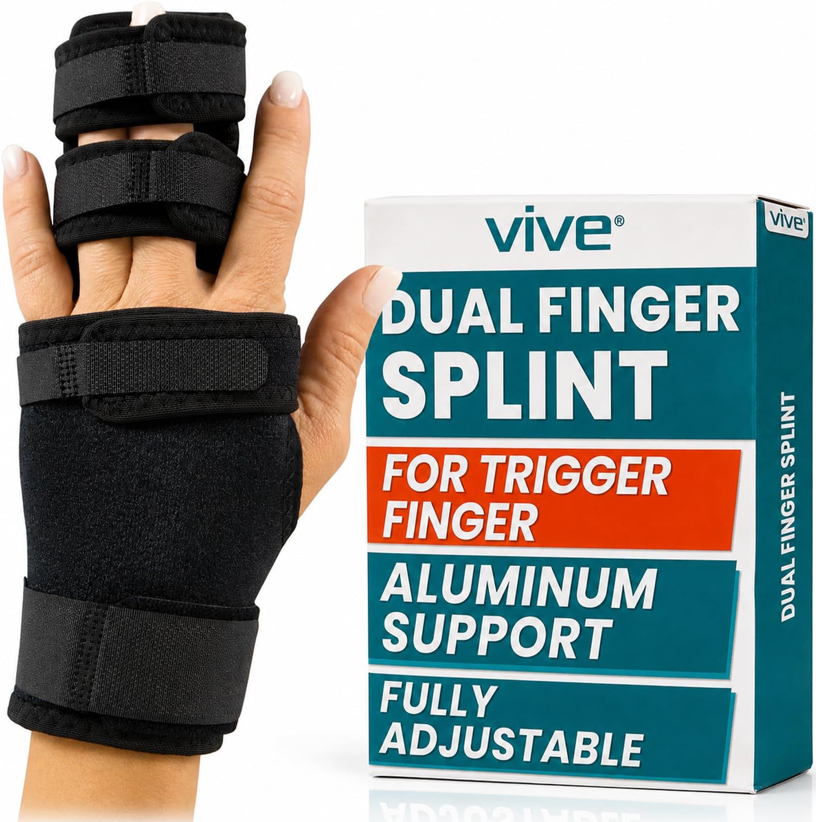 Vive Trigger Finger Splint - 2 Finger Brace for Middle, Index, Pinky, or Ring Fingers - Adjustable Hand and Wrist Support - Straightening Immobilizer for Broken Fingers, Arthritis, and Contractures