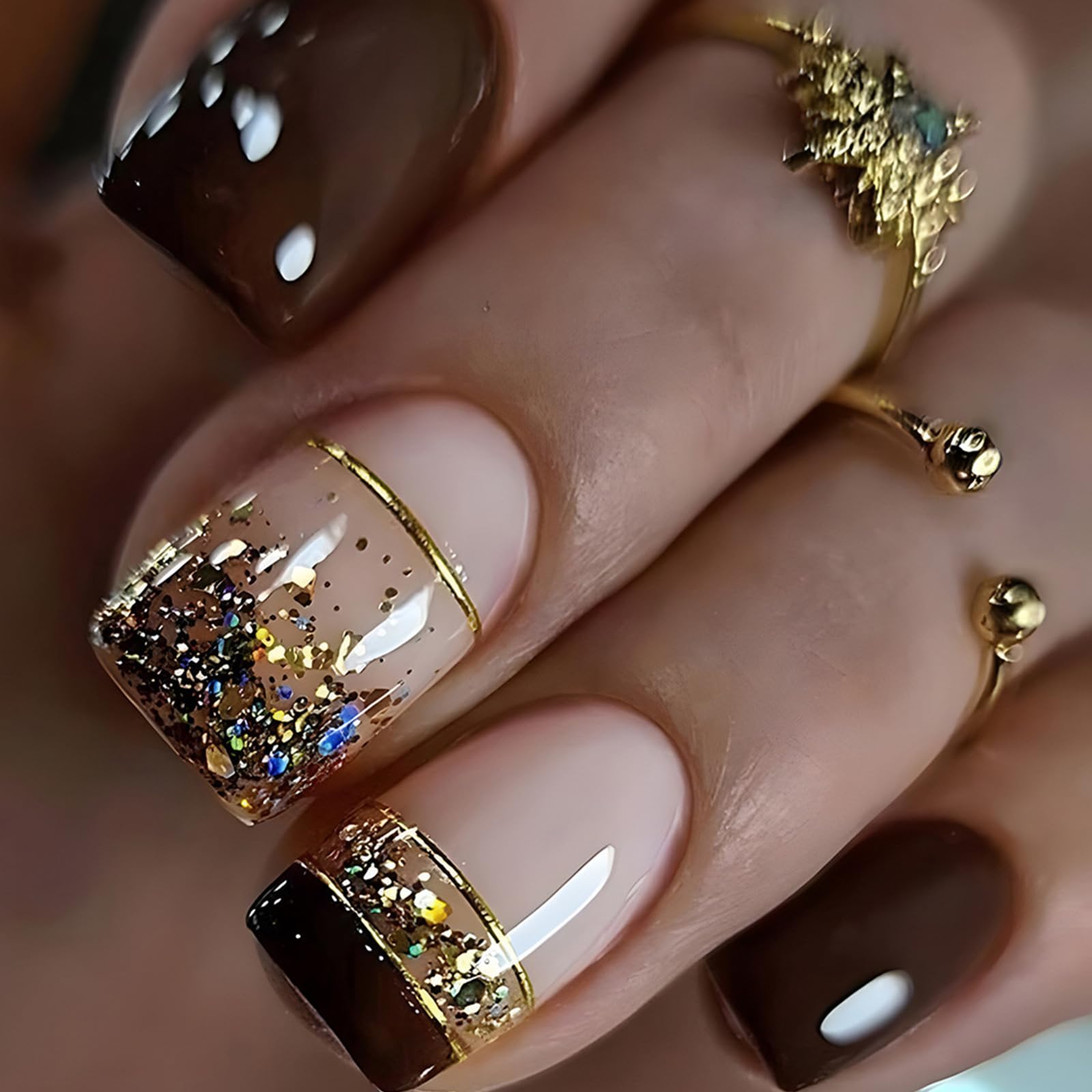 Fall Press-on Square Short French Tip Brown False Nails with Golden Glitter Designs - Glossy Glue-on Artificial Stick-on Nails for Women - 24 Pcs