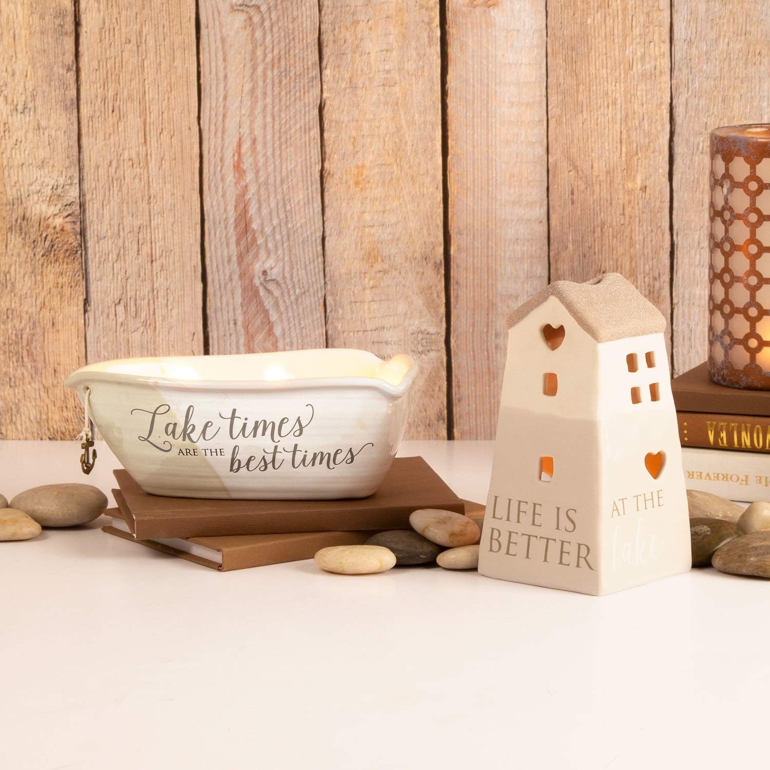 Pavilion Gift Company Lake Best Times-Ceramic Boat Shaped 3 Triple Wick Soy Wax Candle Scent: Tranquility, 10 oz 2.75 Inch Tall, Beige - Image 6