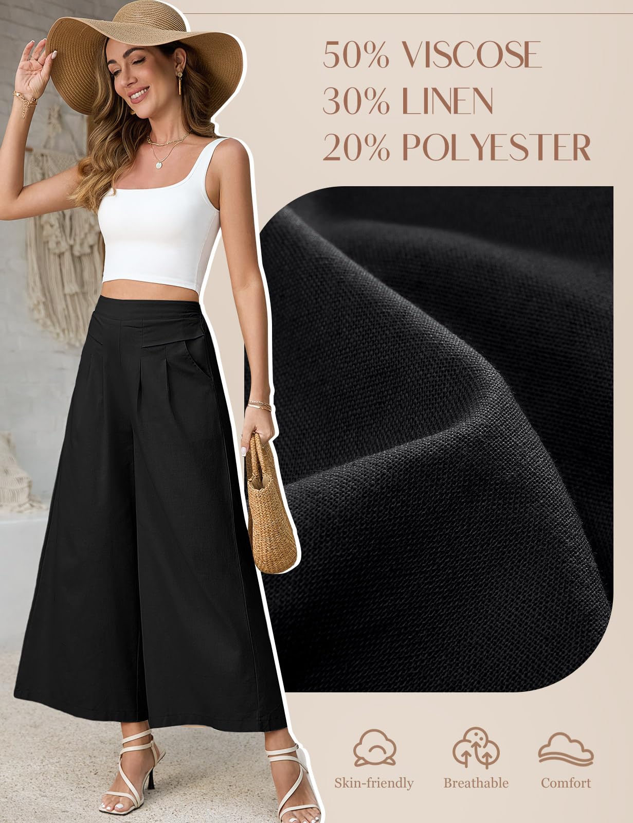 PASUDA Pantaloni Donna Pantaloni in Lino Estivi 7/8 Pantalone Gamba Larga Leggeri Larghi Pantaloni Elastici in Vita con Tasche Tinta Unita Casual Pantaloni Donna Comodi