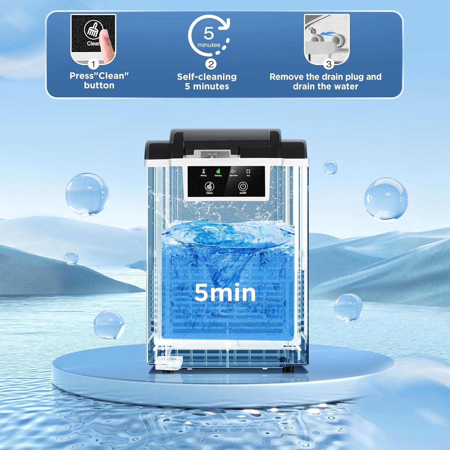 Self-cleaning process steps: Press Clean, 5 minutes cleaning, drain water