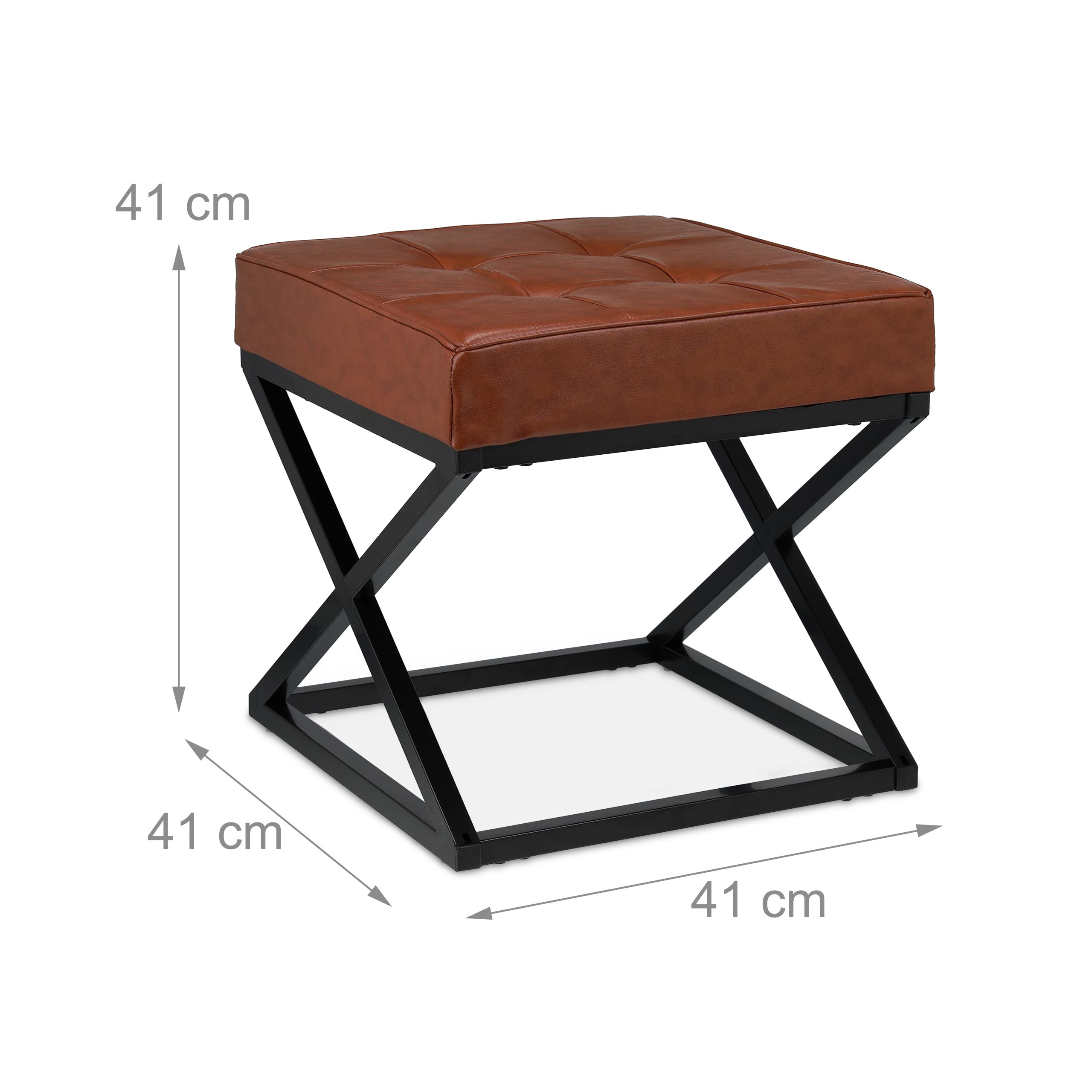 Relaxdays Sgabello Pouf, Poggiapiedi Imbottito, Similpelle, Metallo, Design Industriale,HLP: 41x41x41 cm, Nero Marrone