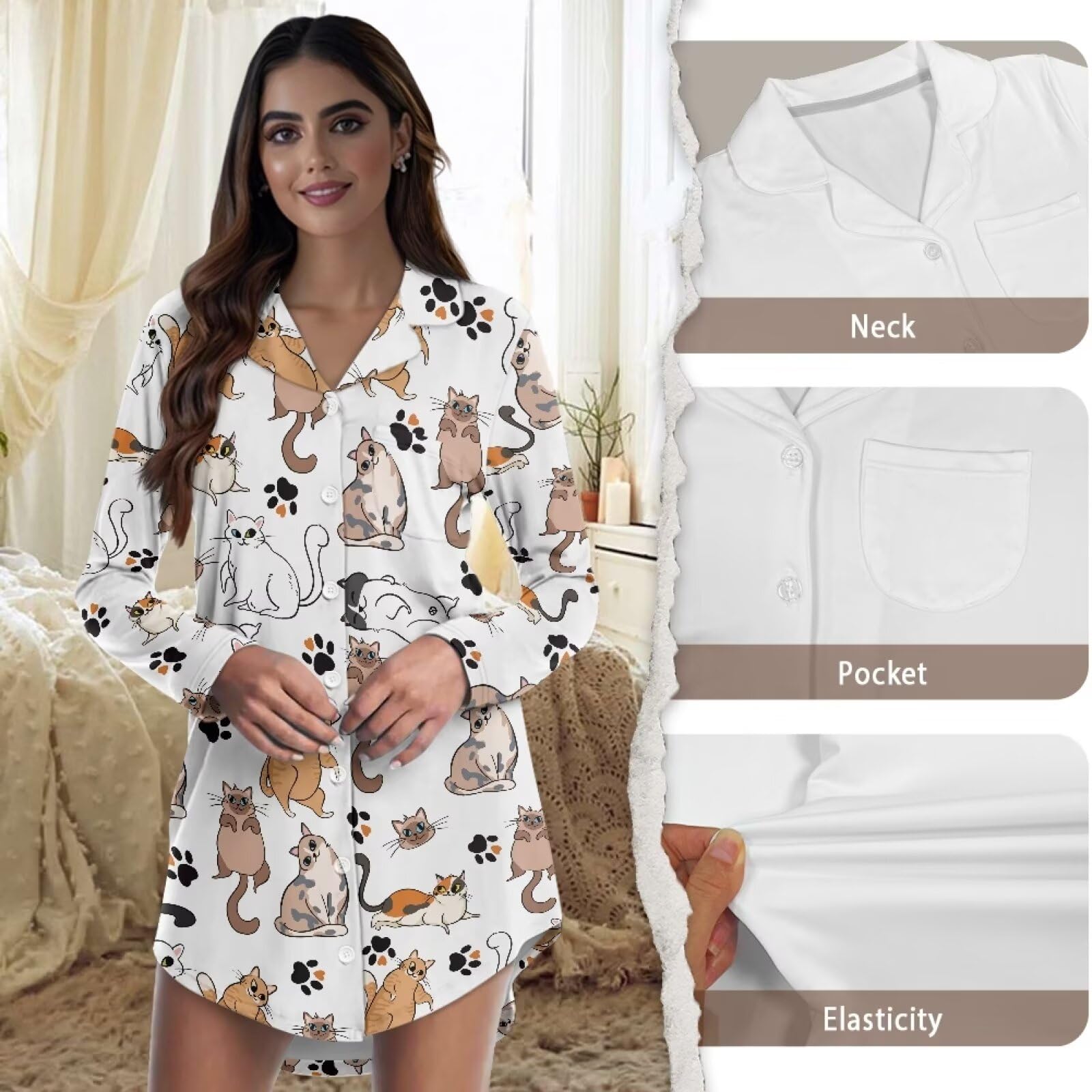 Camicia da notte da donna a maniche lunghe camicia da notte casual moda button down loungewear abbigliamento da notte morbido abito da casa premaman abito premaman S-2XL, gatto e zampe,