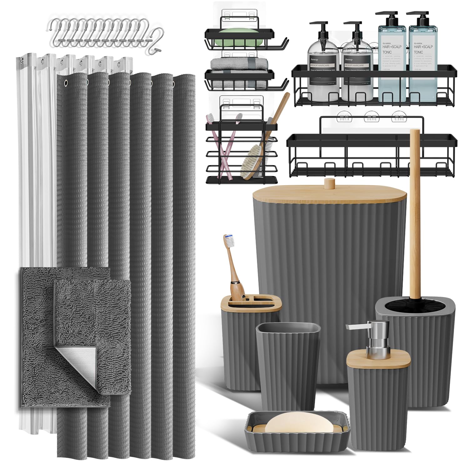 Shower Caddy and Bathroom Accessories Set with Bath Rugs, 27PC Bathroom Accessory Set with Shower Caddies Grey Bath Rugs, Shower Curtain Set, Toilet Brush, Trash Can, Soap Dispenser, Toothbrush holder