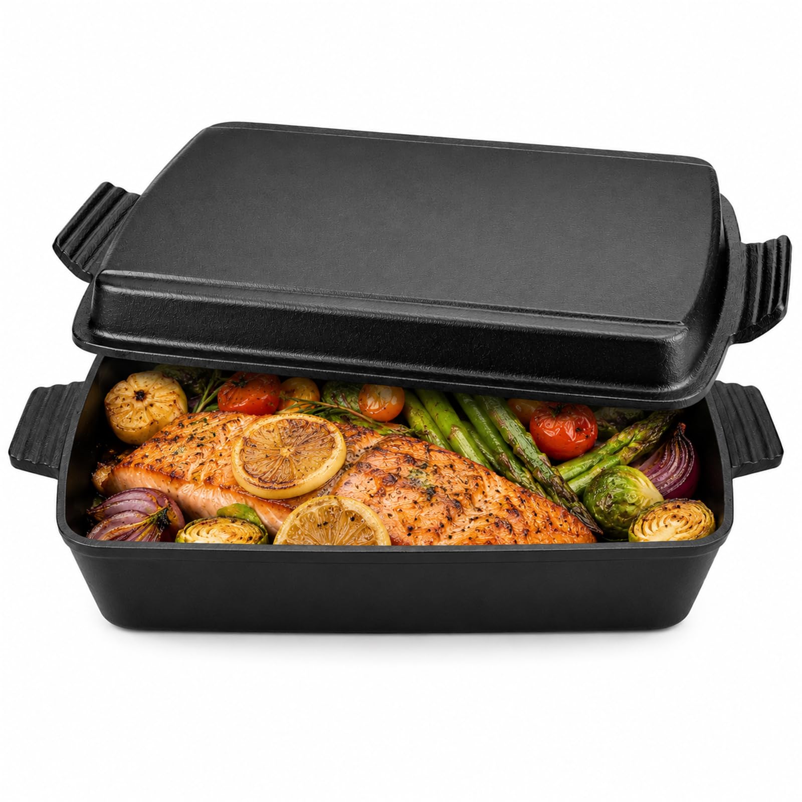 2 in 1 Cast Iron Dutch Oven with Skillet Lid, 5L Rectangular Casserole Dish