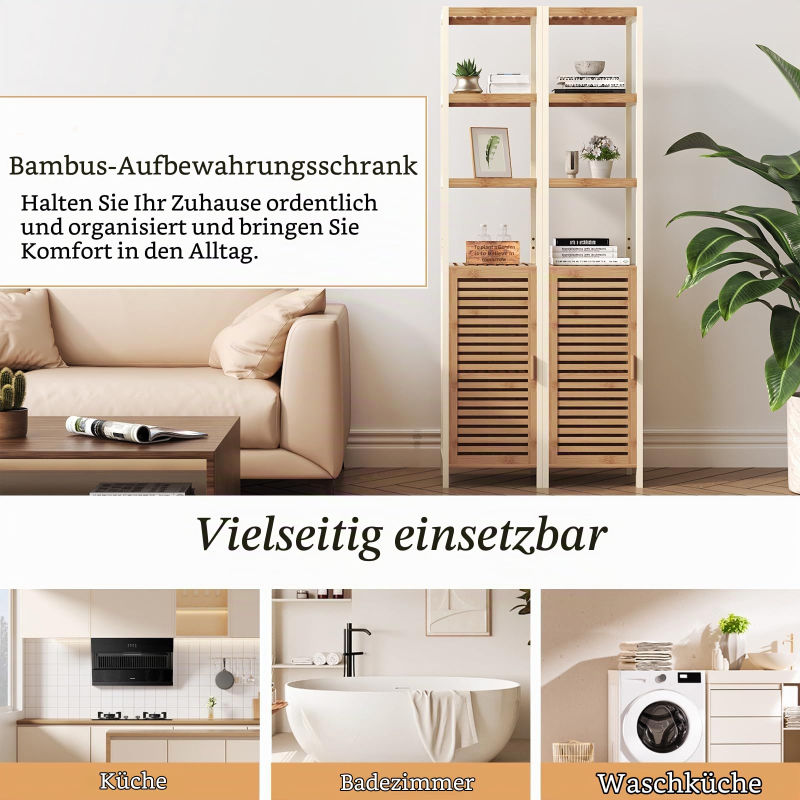 Badezimmerhochschrank, Badregal Bambus, Handtuch Schrank, Badschrank Schmal Hoch mit 1 Tür, Bathroom Storage Cabinet, Toilettenschrank für Badezimmer, Flur, Küche, Wohnzimmer