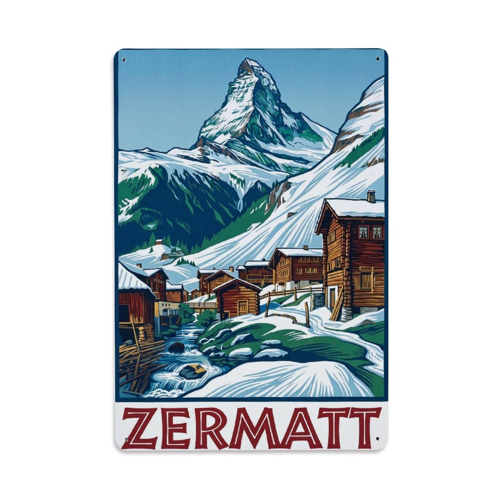 Olhnbad Style Alpine Zermatt Switzerland Linework Mountain Travel Metal Tin Sign