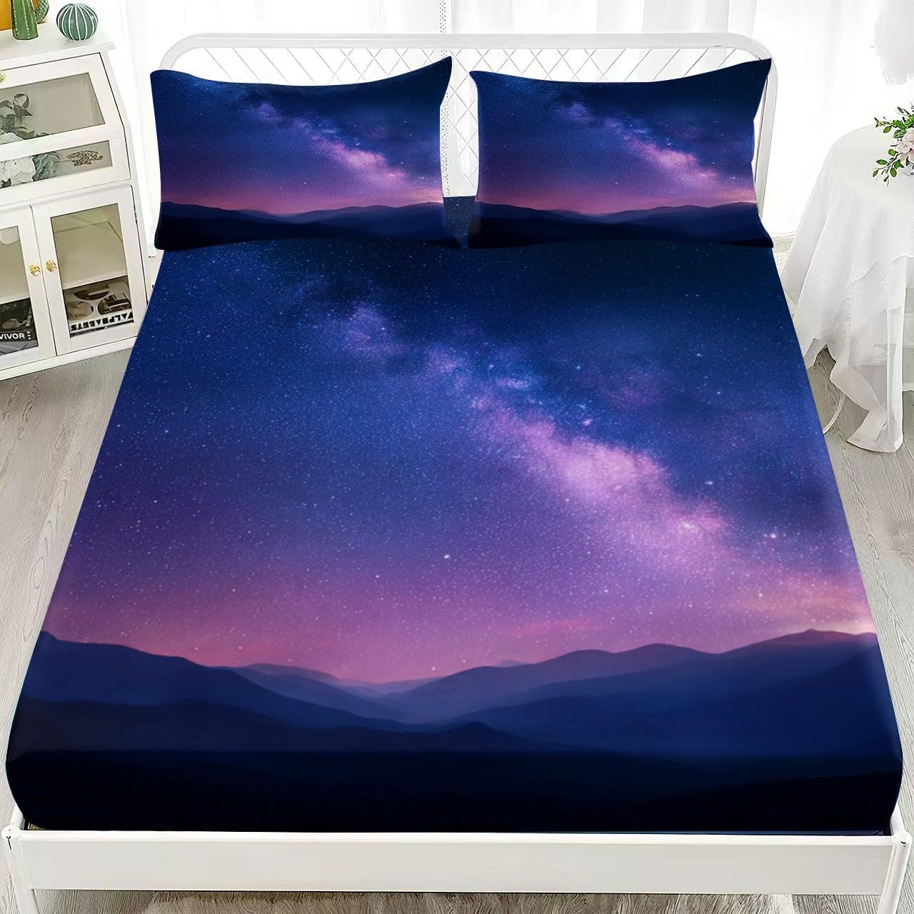 Drap Housse 200x200cm Bleu Violet Bande Élastique Réglable 2 Personnes Lit