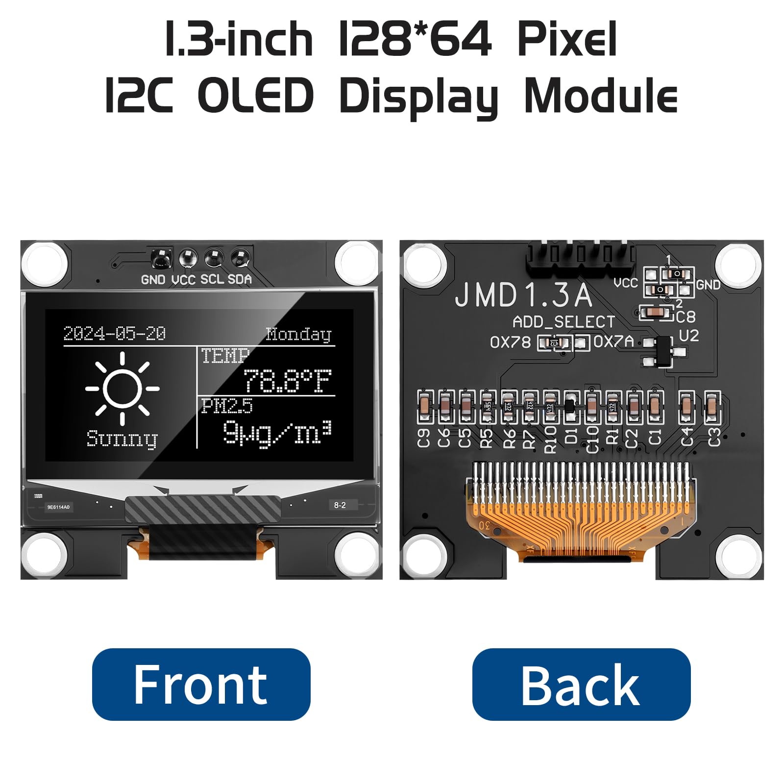2 módulos de pantalla OLED I2C de 1,3 pulgadas, 128 x 64 píxeles IIC, pantalla Arduino con funda protectora para Arduino/Raspberry Pi/ESP32